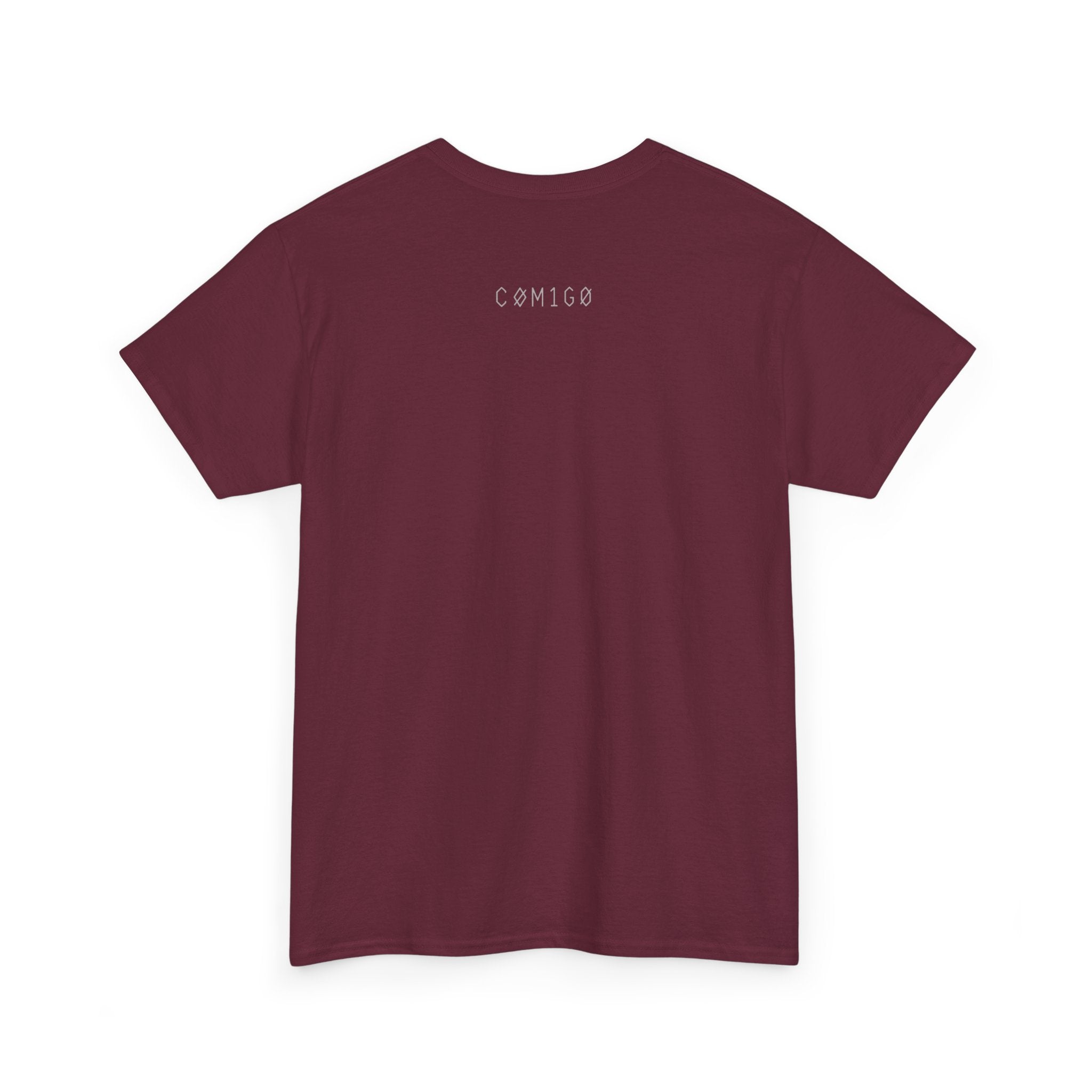 Maroon t-shirt with 'Cómigo' logo on the back against a white background original | COMIGO CLOTHING CO.