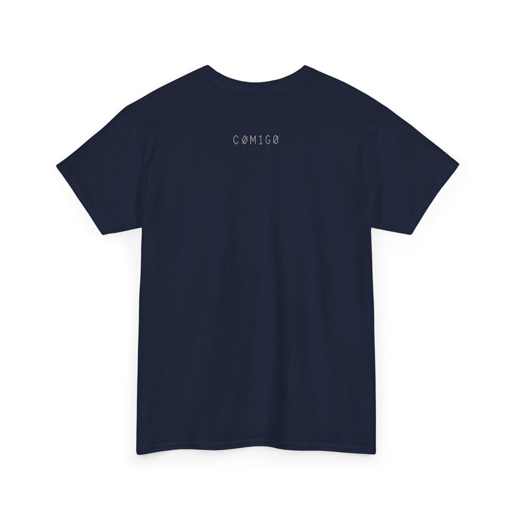 Navy blue t-shirt with 'COMIGO' logo on the back against a white background original | COMIGO CLOTHING CO.
