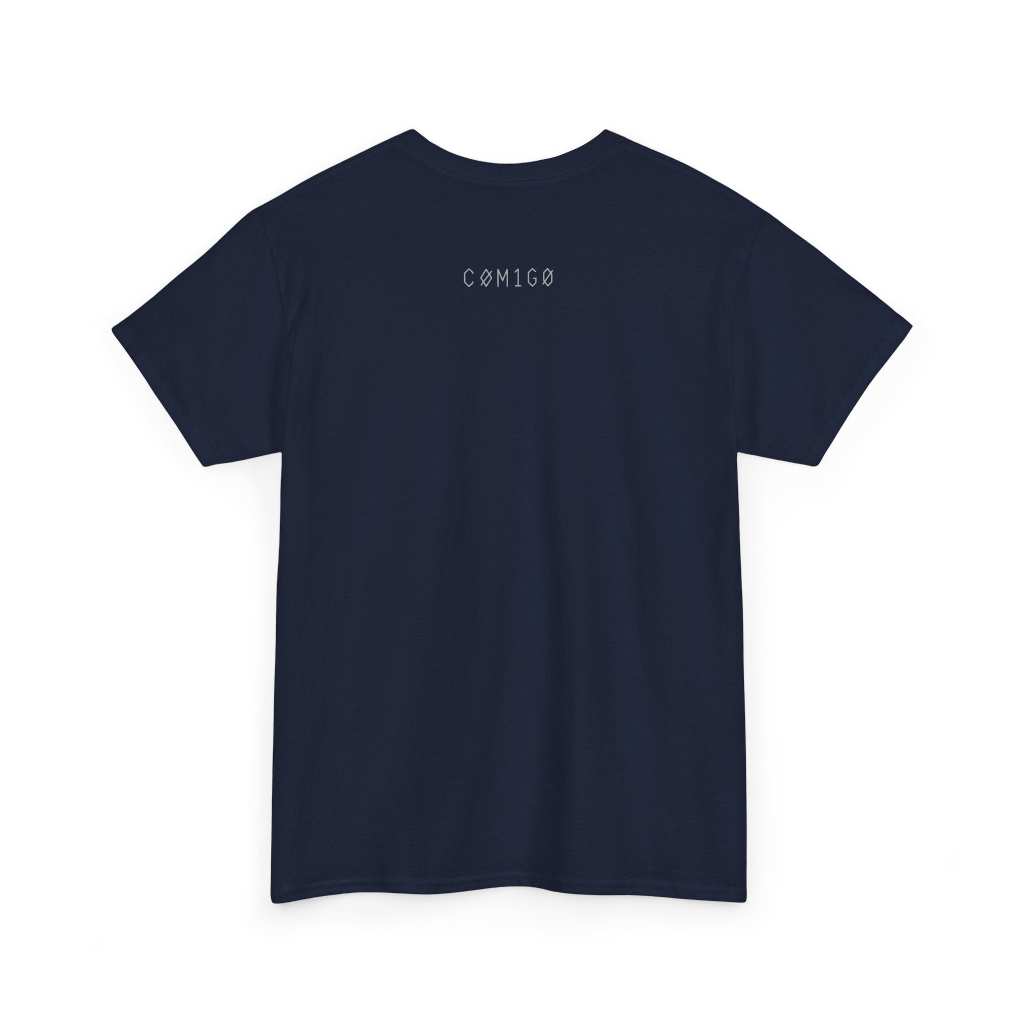 Navy blue t-shirt with 'COMIGO' logo on the back against a white background original | COMIGO CLOTHING CO.