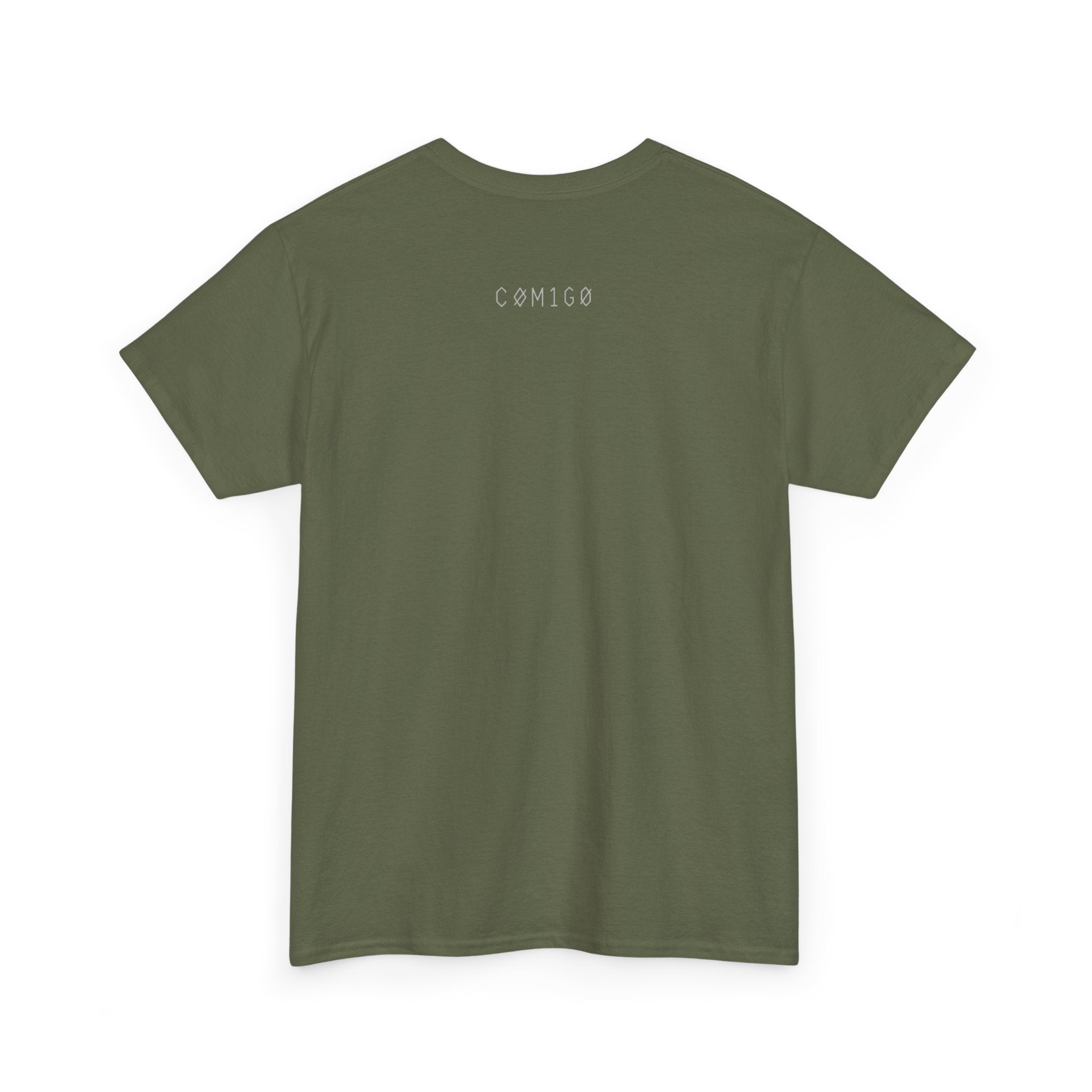 olive Green t-shirt with 'COMIGO' logo on the back against a white background original | COMIGO CLOTHING CO.