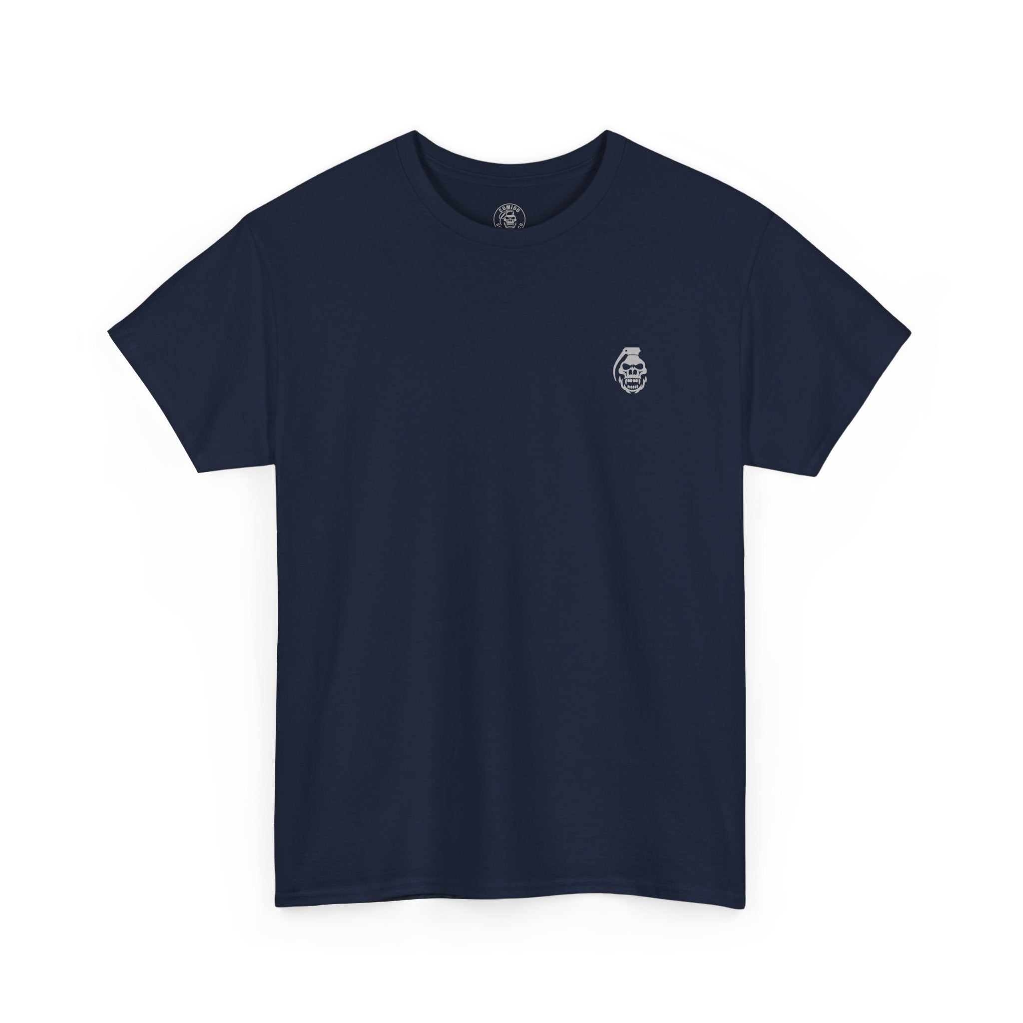 Navy blue t-shirt with a small logo on a white background original | COMIGO CLOTHING CO.