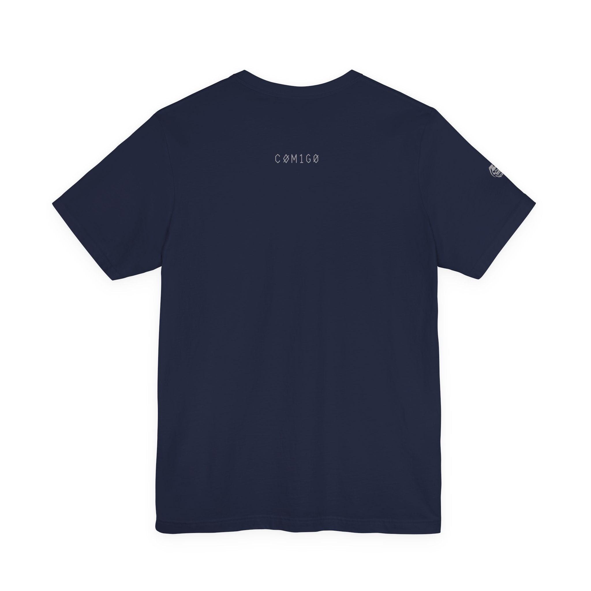 Navy blue t-shirt with 'Cómigo' branding on the back against a white background r.boss | COMIGO CLOTHING CO.