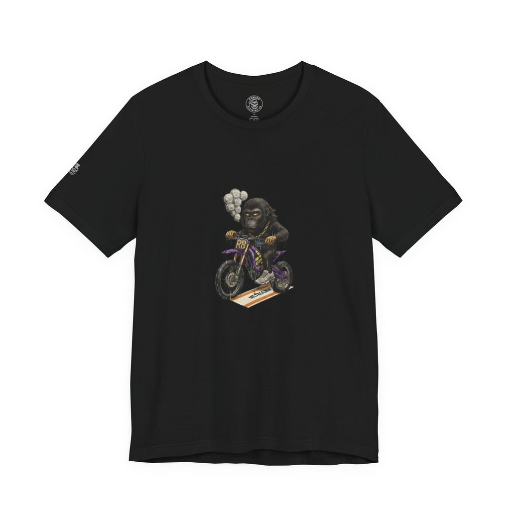 Black t-shirt with a graphic of a gorilla on a motorcycle on a white background r.boss | COMIGO CLOTHING CO.