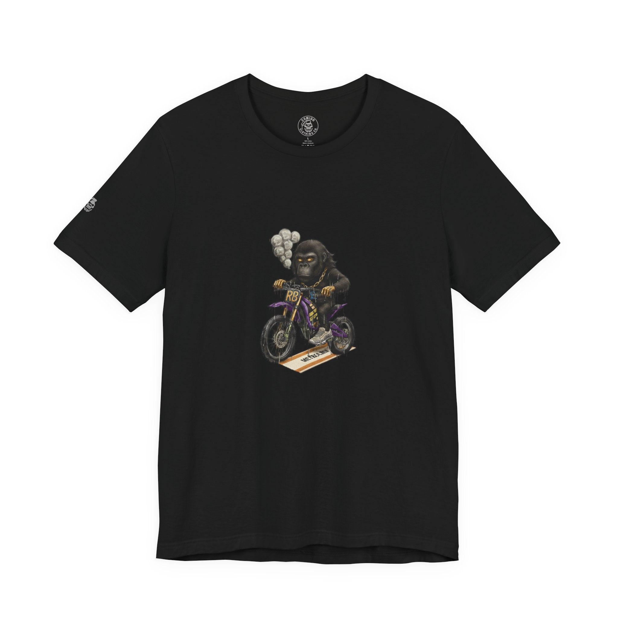 Black t-shirt with a graphic of a gorilla on a motorcycle on a white background r.boss | COMIGO CLOTHING CO.
