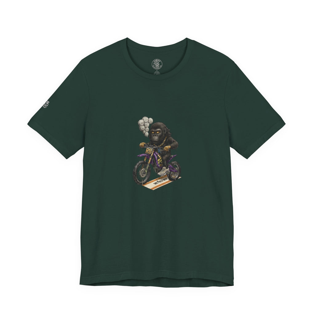 Green t-shirt with a graphic of a bear riding a motorcycle on a white background r.boss | COMIGO CLOTHING CO.