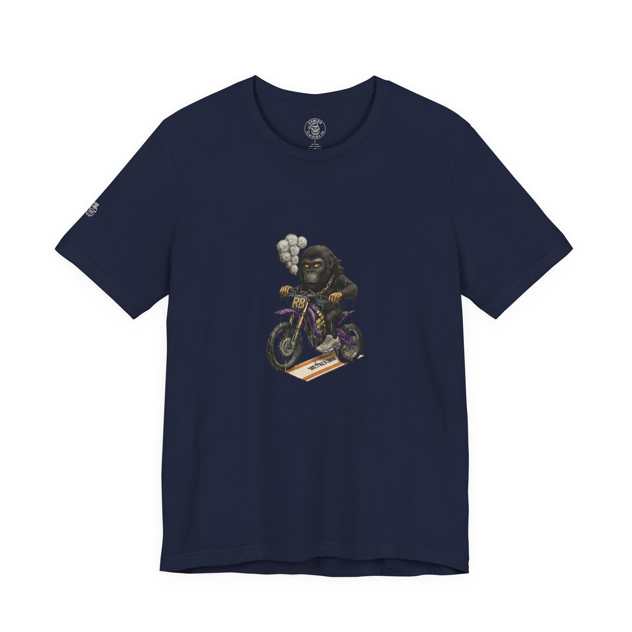 Navy blue t-shirt with a graphic of a gorilla on a motorcycle on a white background r.boss | COMIGO CLOTHING CO.