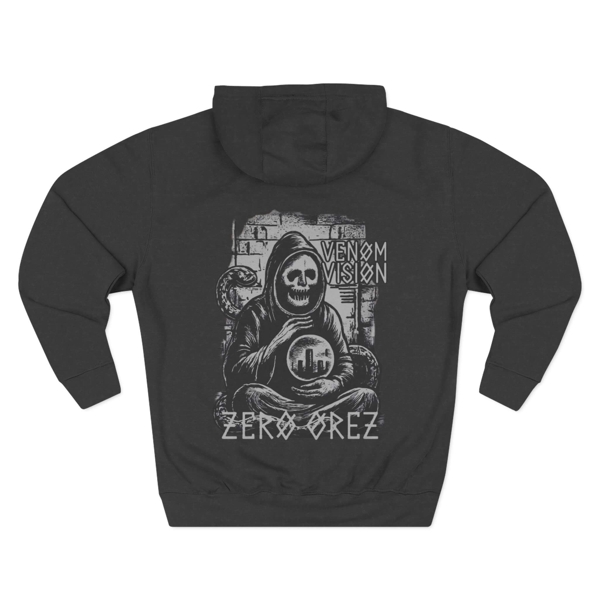 grey hoodie with a graphic design of a skeleton holding a symbol, text 'Venom Vision' and 'Zeroorez'. serpent oracle | COMIGO CLOTHING CO.