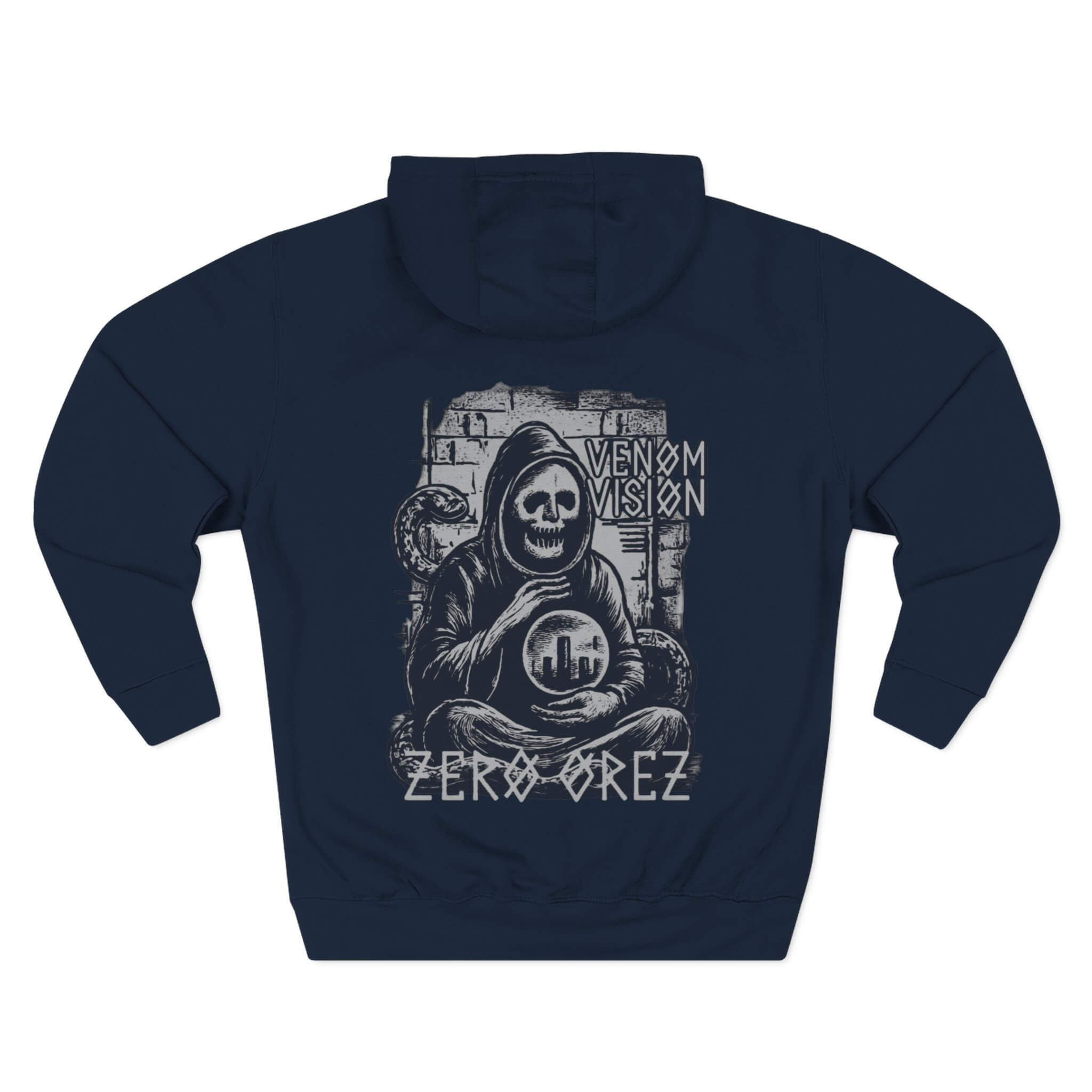 Navy blue hoodie with a graphic design on the back featuring a skeleton and text. serpent oracle | COMIGO CLOTHING CO.