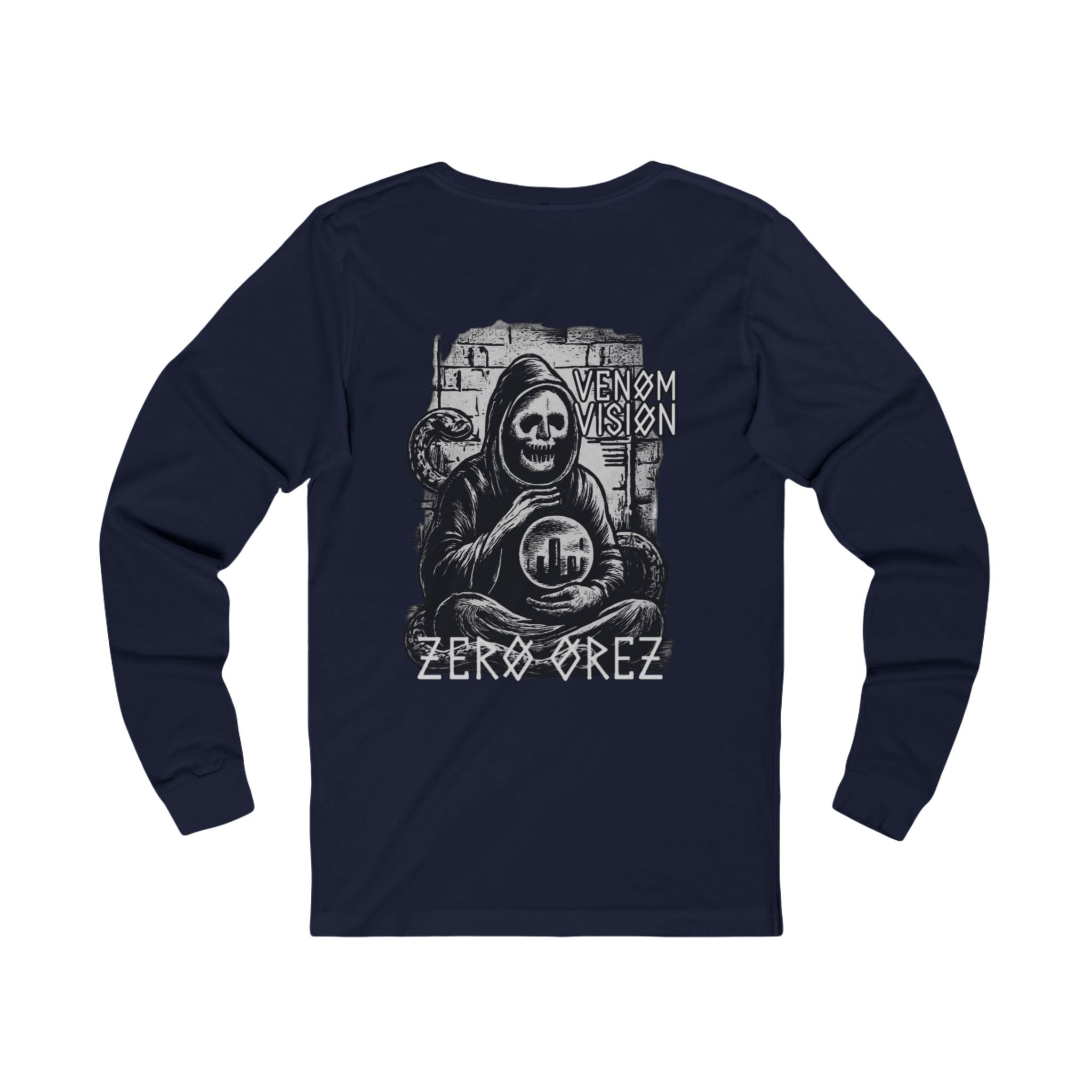 Navy long-sleeve shirt with graphic design and text on a white background serpent oracle | COMIGO CLOTHING CO.