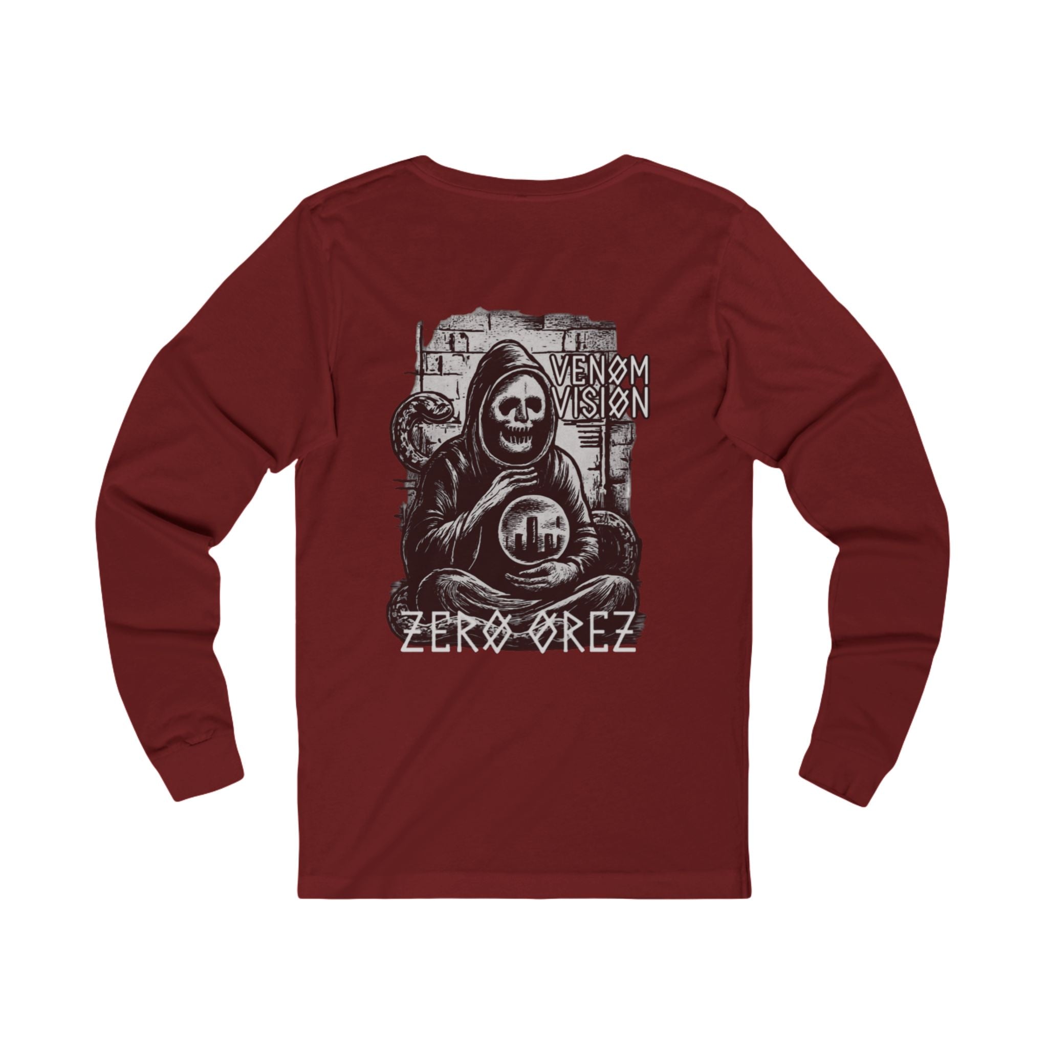 Red long-sleeve shirt with graphic design on the back featuring a skeleton and text. serpent oracle | COMIGO CLOTHING CO.