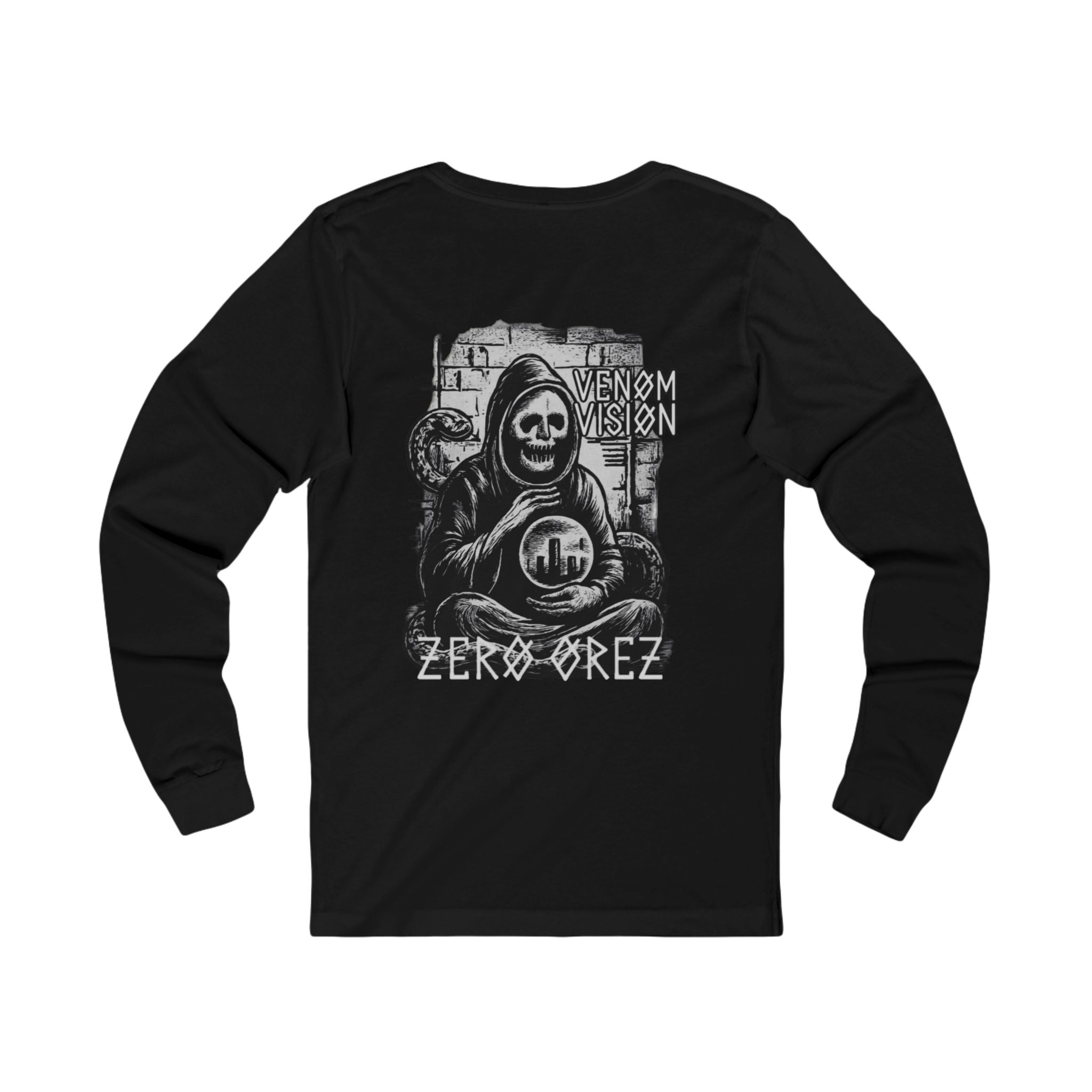 Black long-sleeve shirt with graphic design and text on a white background serpent oracle | COMIGO CLOTHING CO.