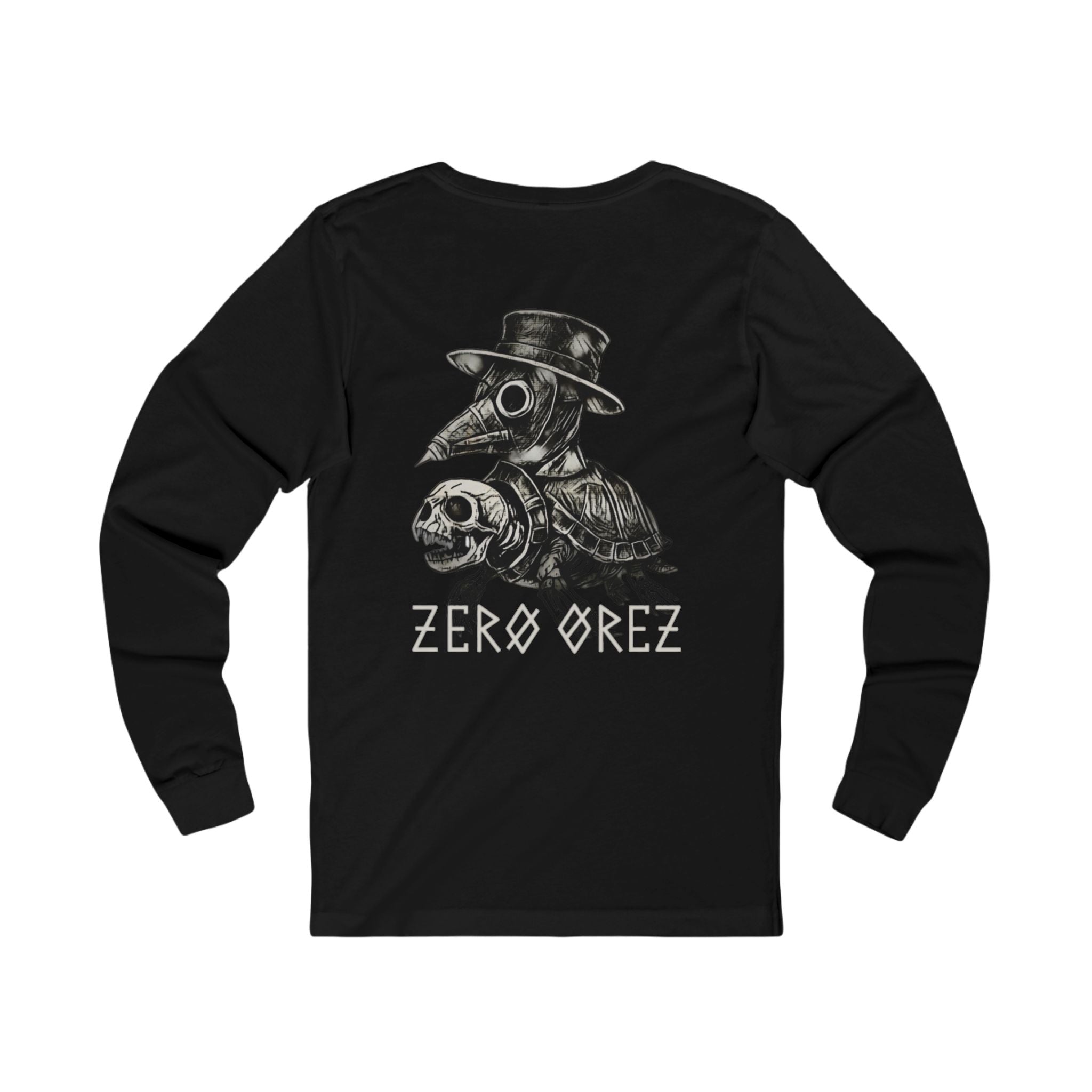 Black long-sleeve shirt with skull and top hat design and 'ZEROOREZ' text on a white background shellington plague | COMIGO CLOTHING CO.