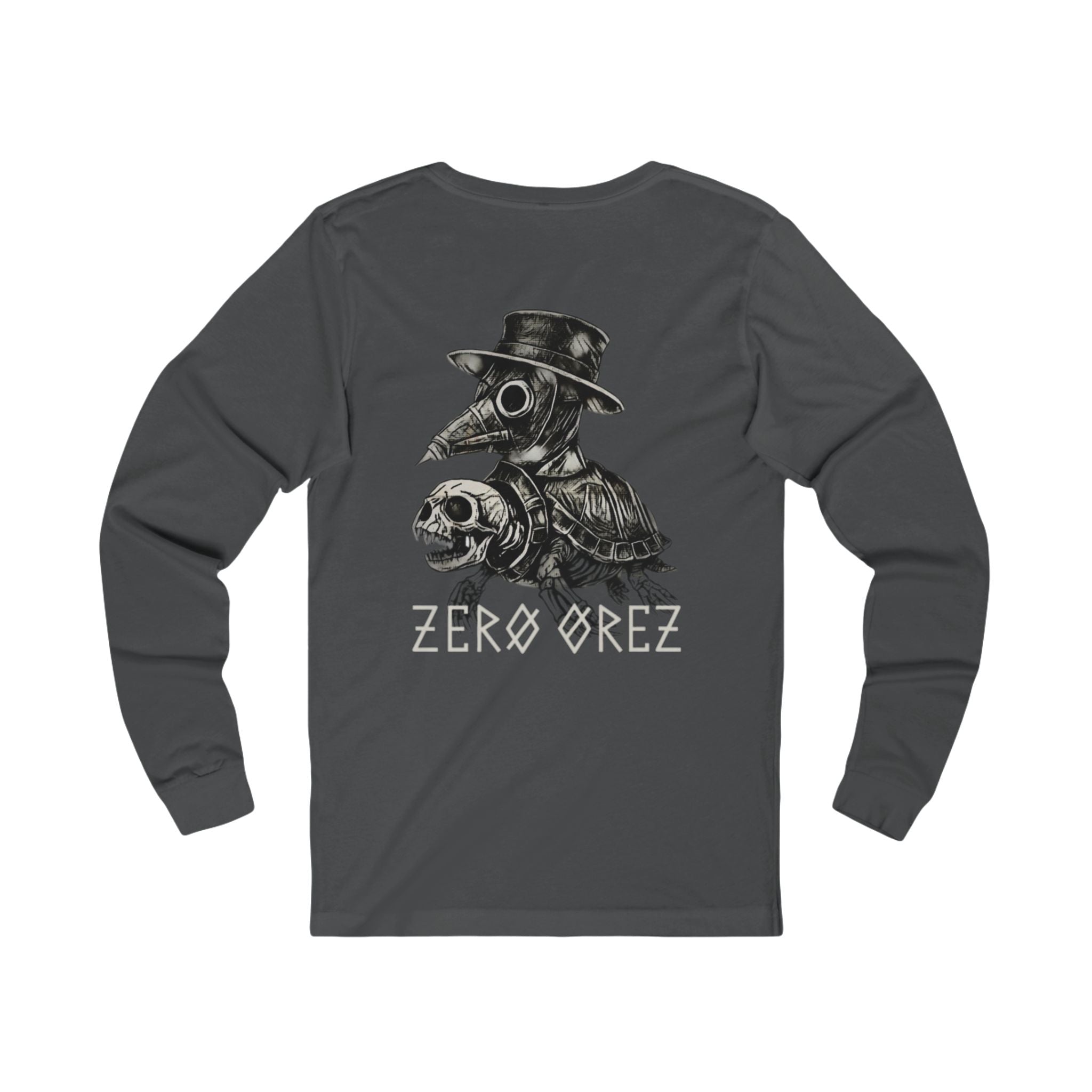 Dark gray long-sleeve shirt with a graphic design and 'ZEROOREZ' text on a white background shellington plague | COMIGO CLOTHING CO.