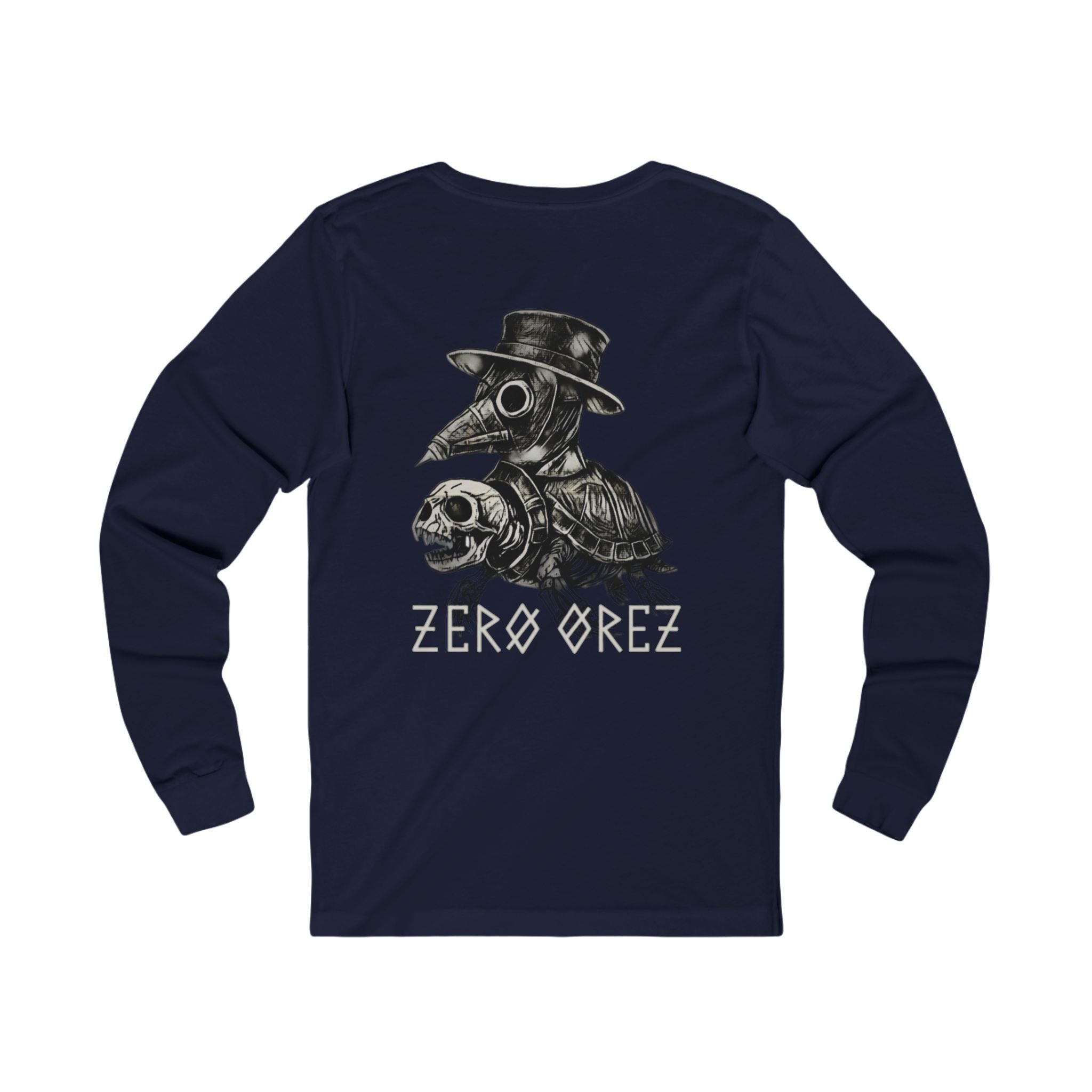 Navy blue long-sleeve shirt with a graphic design and 'ZEROOREZ' text on a white background shellington plague | COMIGO CLOTHING CO.
