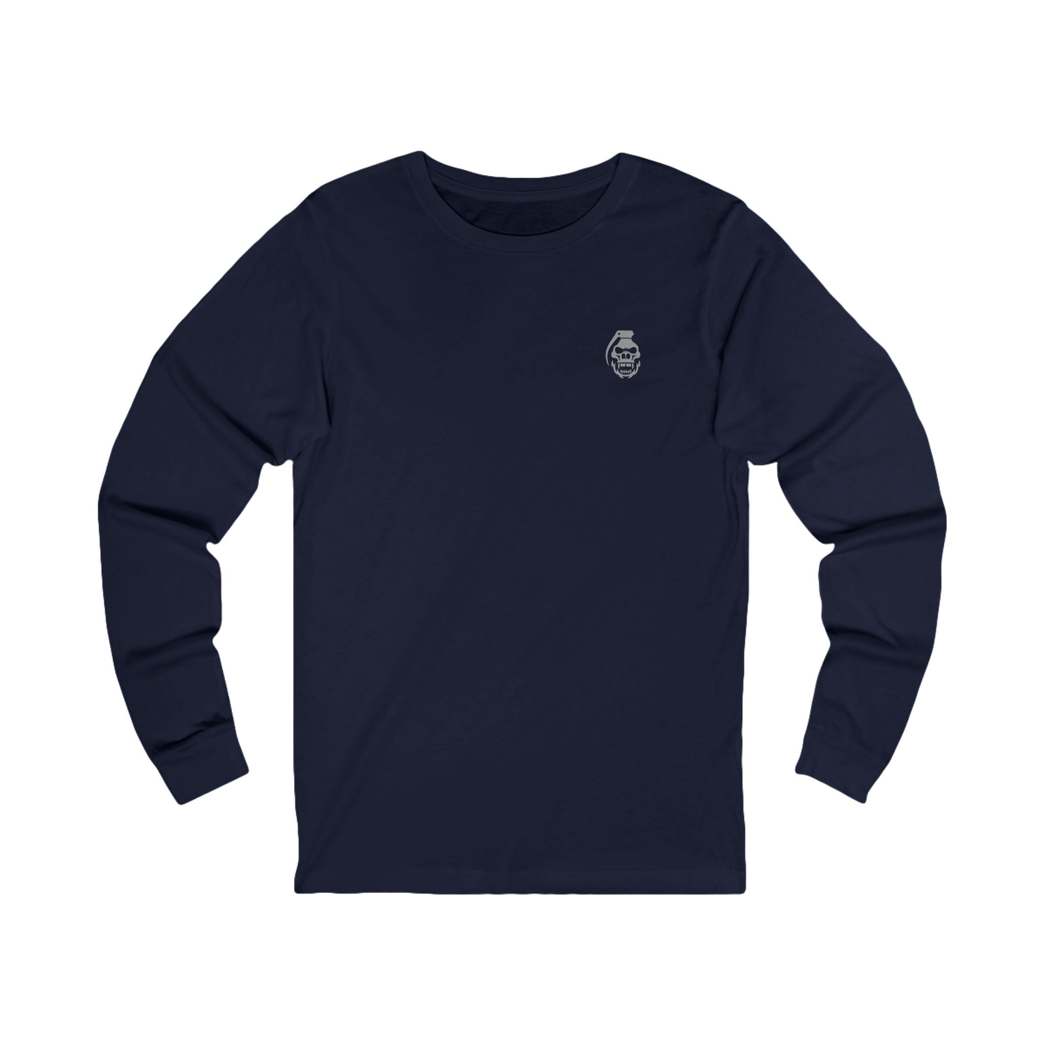 Navy blue long-sleeve shirt with a small logo on the chest against a white background shellington plague | COMIGO CLOTHING CO.
