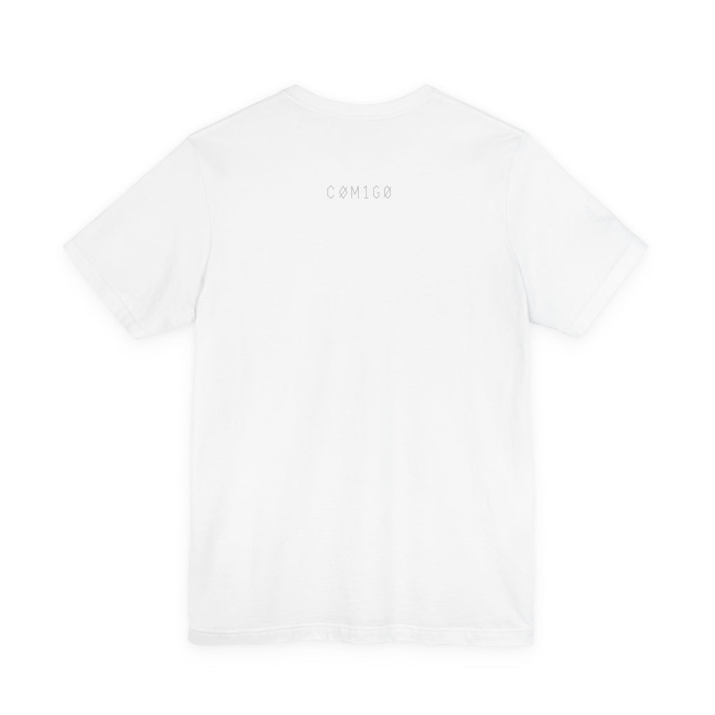 White t-shirt with a brand logo on a white background shellington plague | COMIGO CLOTHING CO.