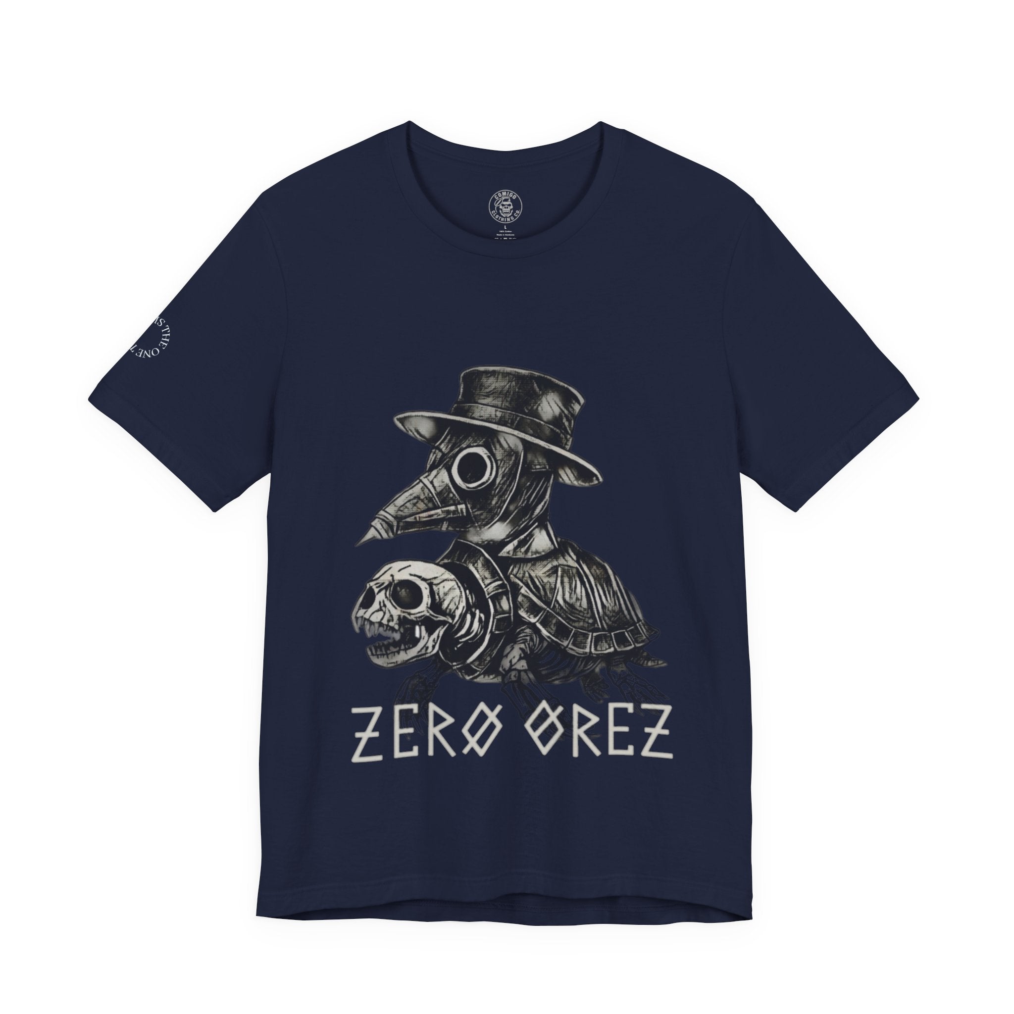 Navy blue t-shirt with a graphic design and 'ZERO OREZ' text on a white background shellington plague | COMIGO CLOTHING CO.