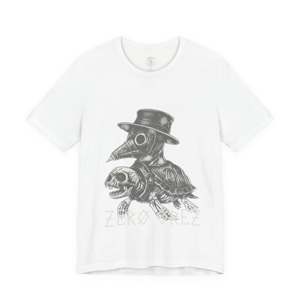 White t-shirt with a black and white graphic design of a turtle wearing a top hat and goggles, with 'ZERO OREZ' text below on a white background.
