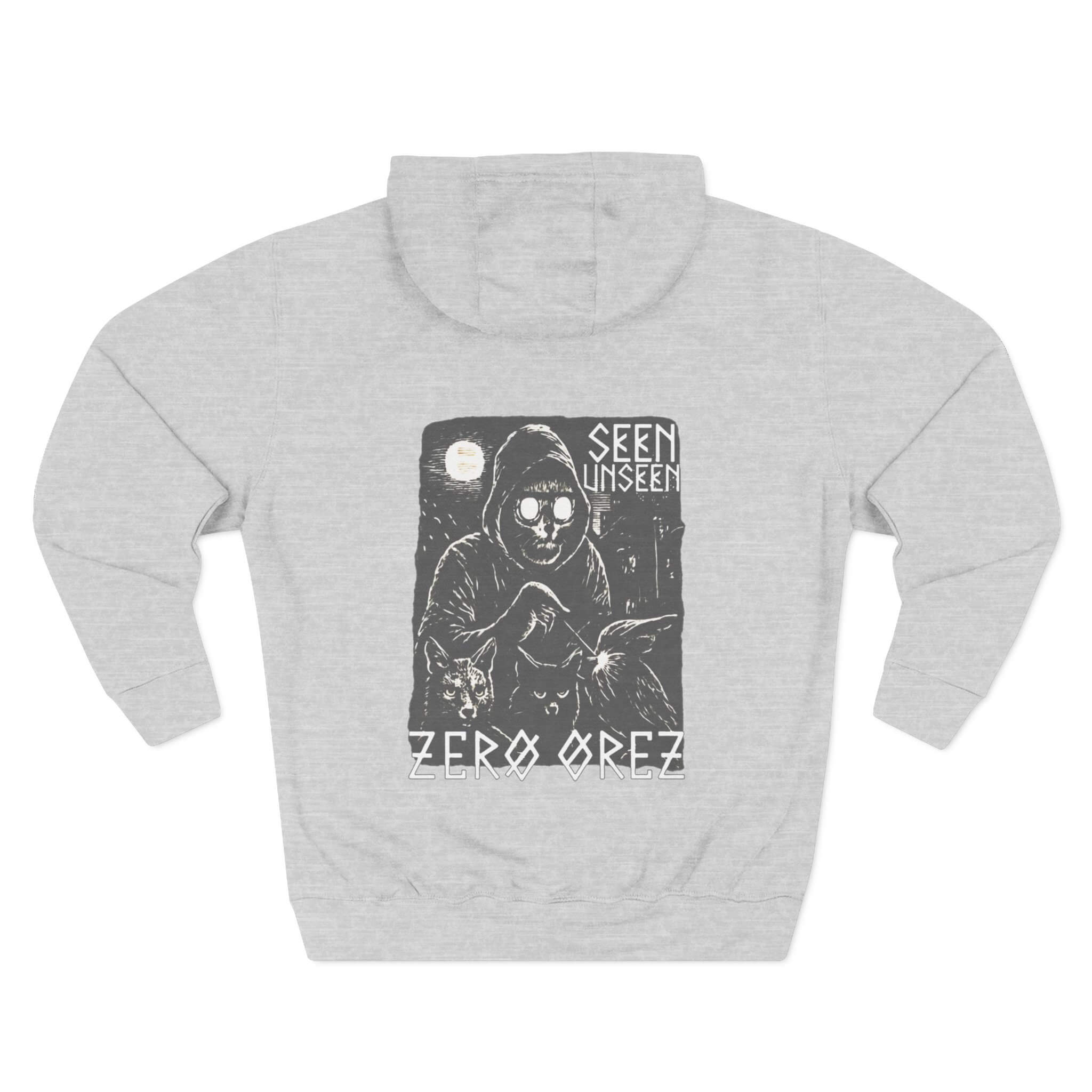 Gray hoodie with a graphic design on the back featuring a hooded figure and text. spirit watcher |  COMIGO CLOTHING CO.