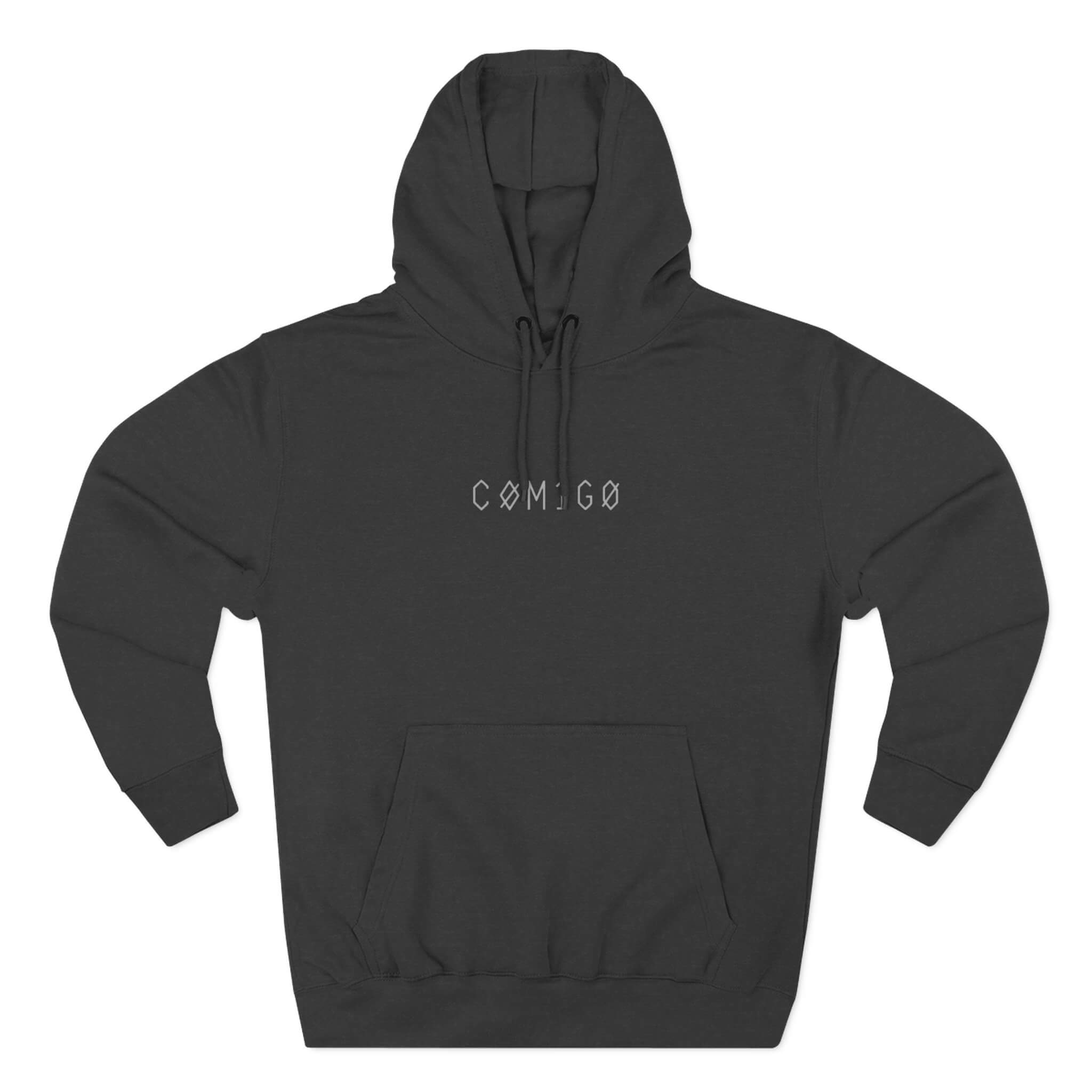 dark grey hoodie with 'COMIGO' text on a white background spirit watcher |  COMIGO CLOTHING CO.