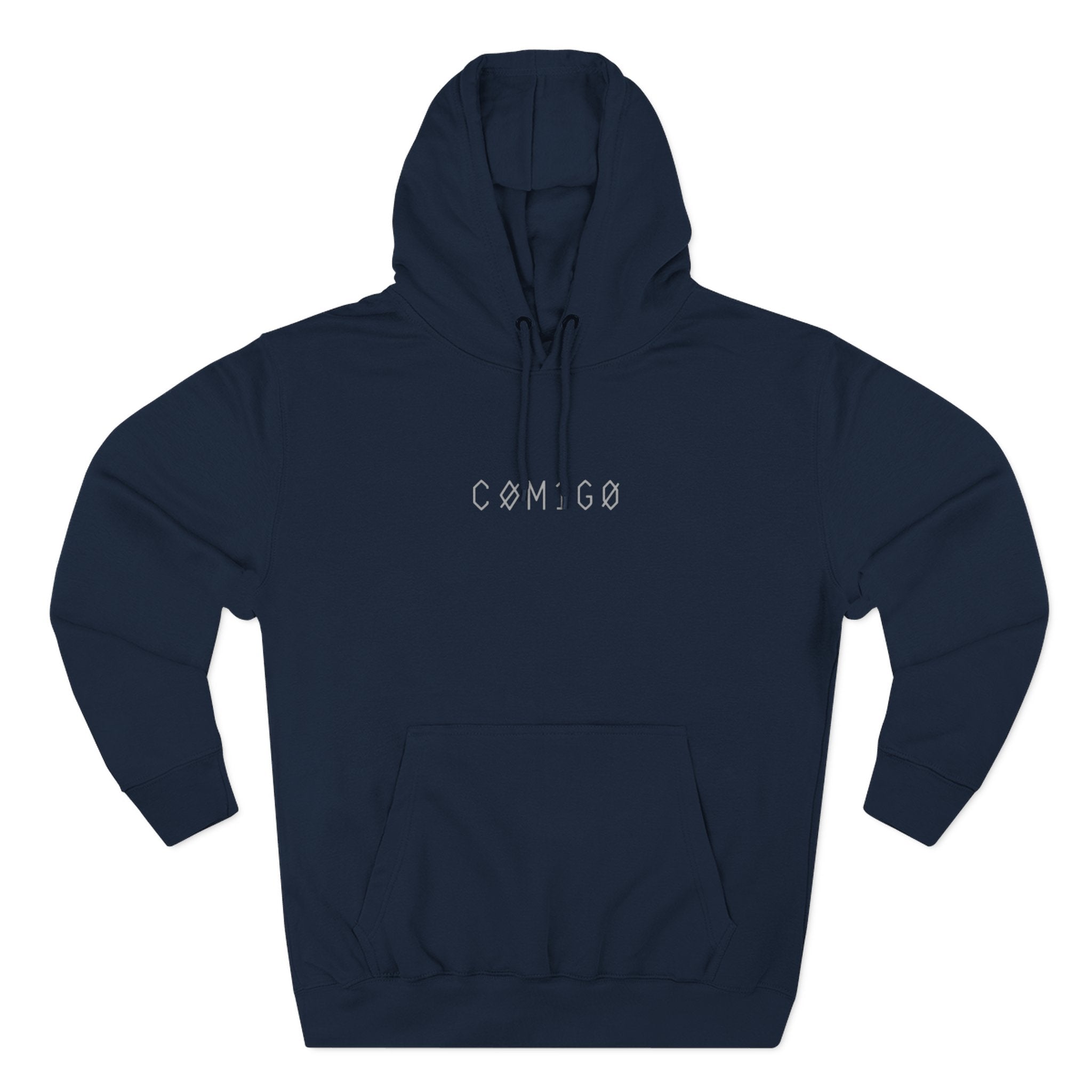 Navy blue hoodie with 'COMIGO' text on a white background spirit watcher |  COMIGO CLOTHING CO.