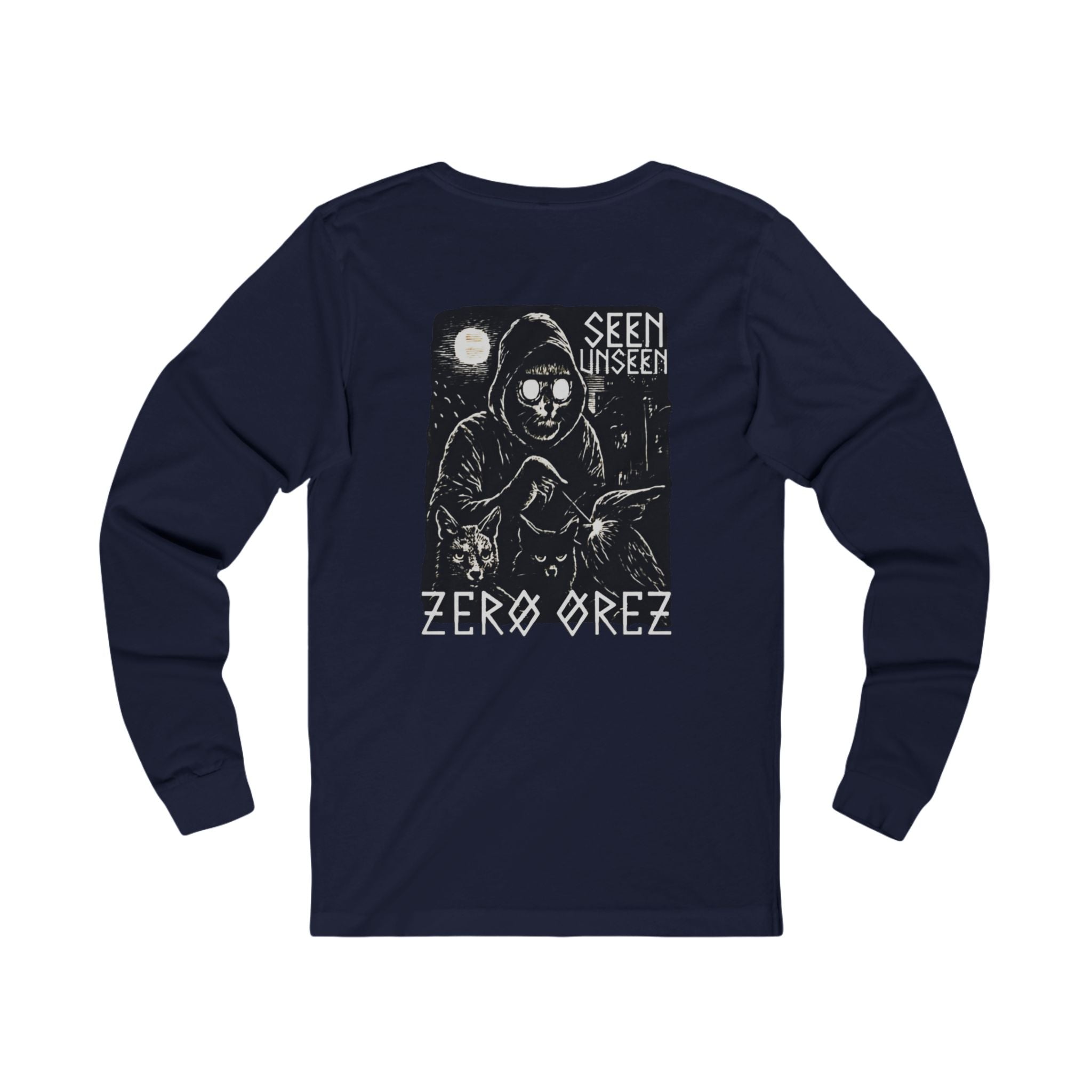 Navy long-sleeve shirt with graphic design and text on a white background spirit watcher | COMIGO CLOTHING CO.