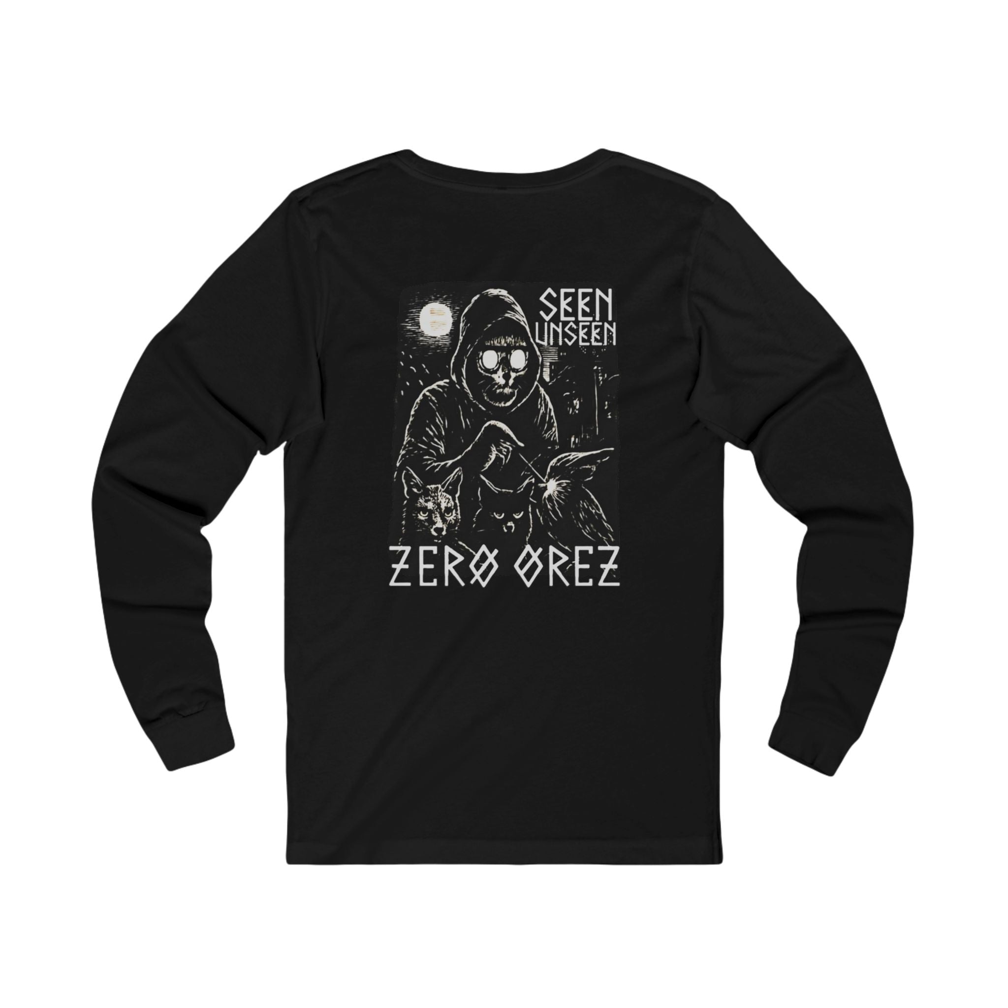 Black long-sleeve shirt with graphic design and text on a white background spirit watcher | COMIGO CLOTHING CO.