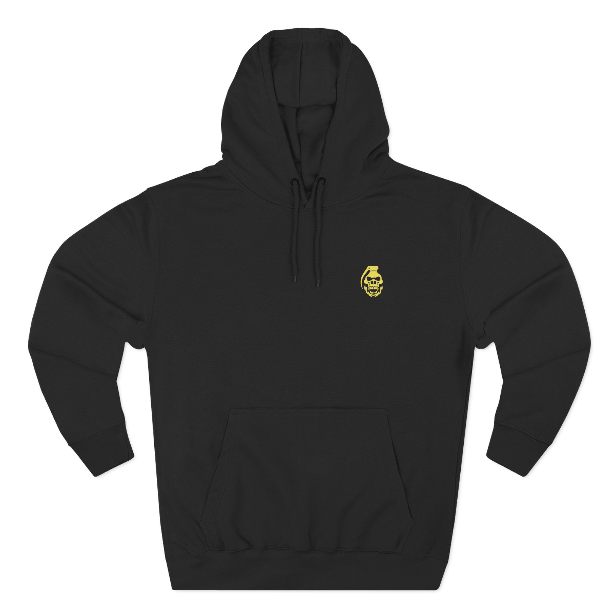 Black hoodie with a yellow logo on a white background static boom | COMIGO CLOTHING CO.