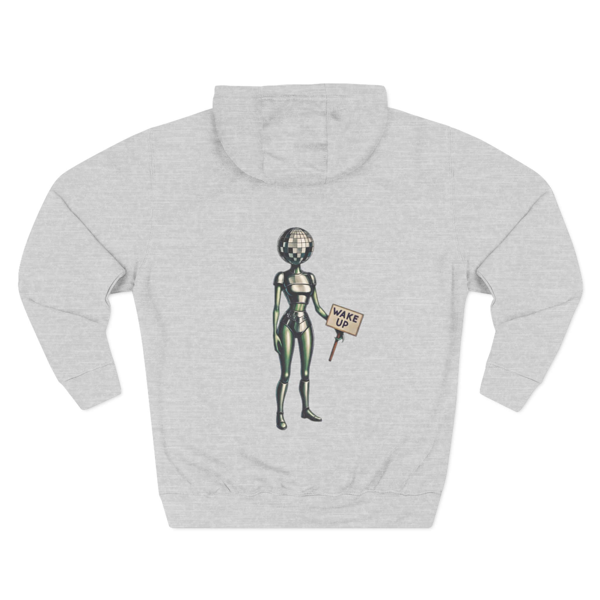 Grey hoodie with alien graphic and 'Wake Up' sign on a white background static boom | COMIGO CLOTHING CO.