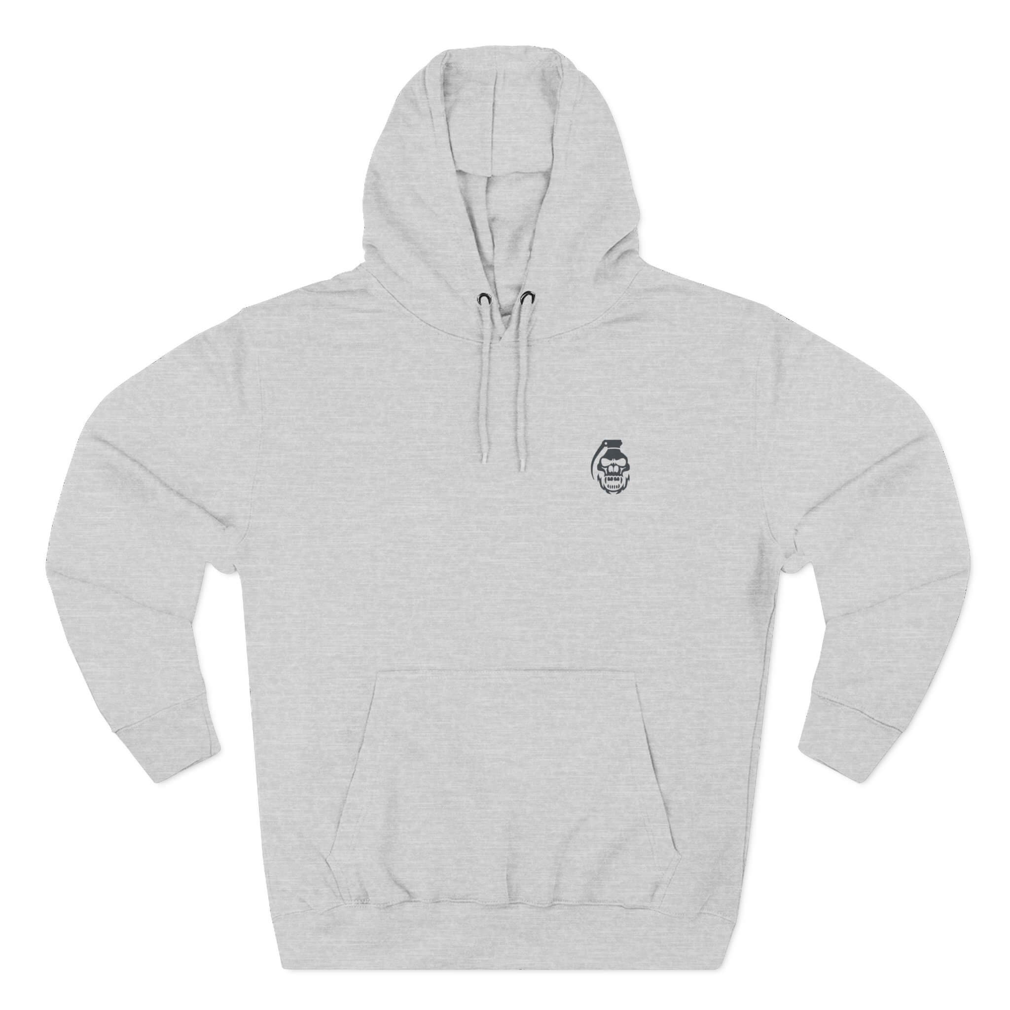 Gray hoodie with a small logo on the chest against a white background static boom | COMIGO CLOTHING CO.