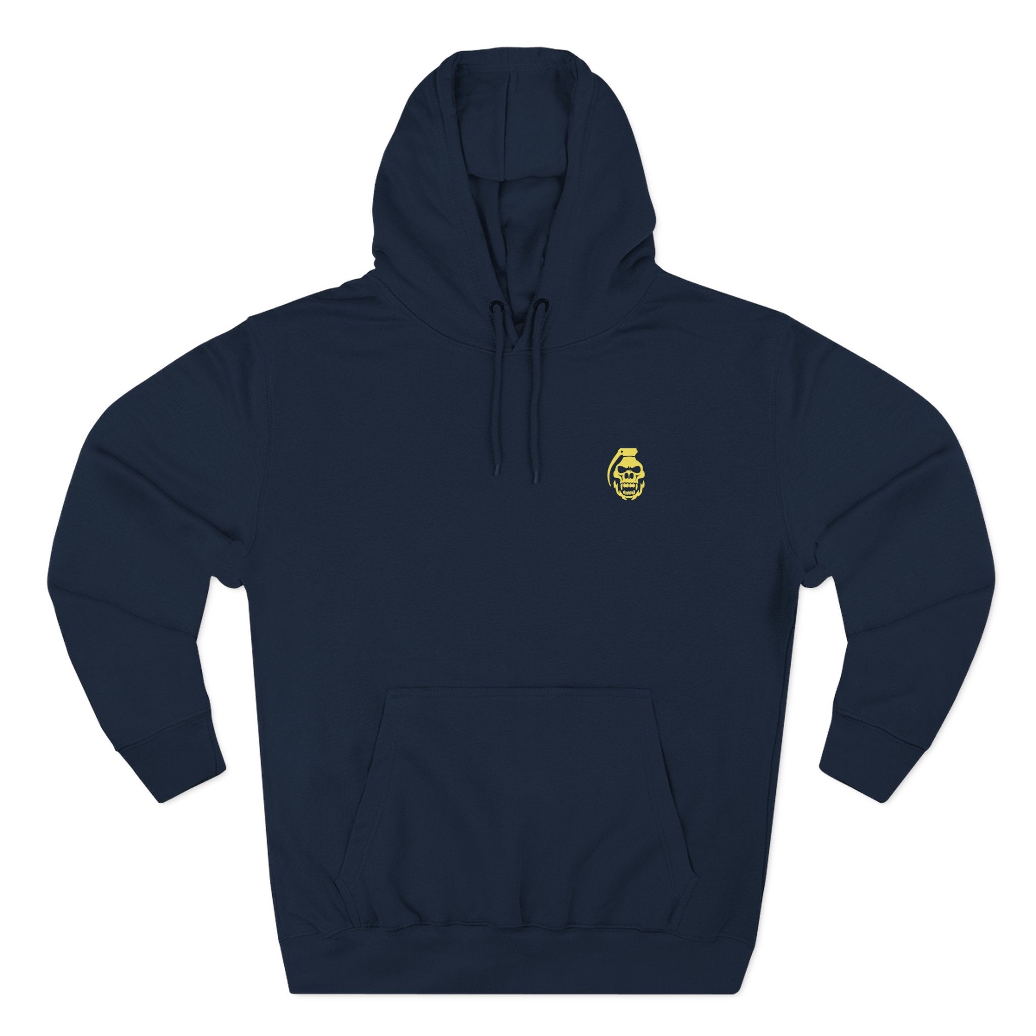 Navy blue hoodie with a yellow logo on a white background static boom | COMIGO CLOTHING CO.