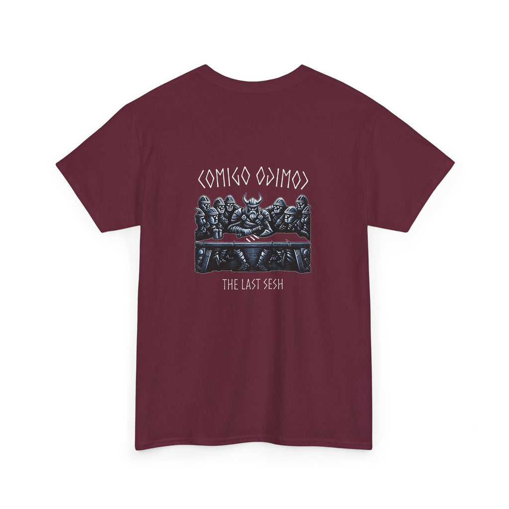 Maroon t-shirt with graphic design and text on a white background comigo-the-last-sesh-tee-back-maroon