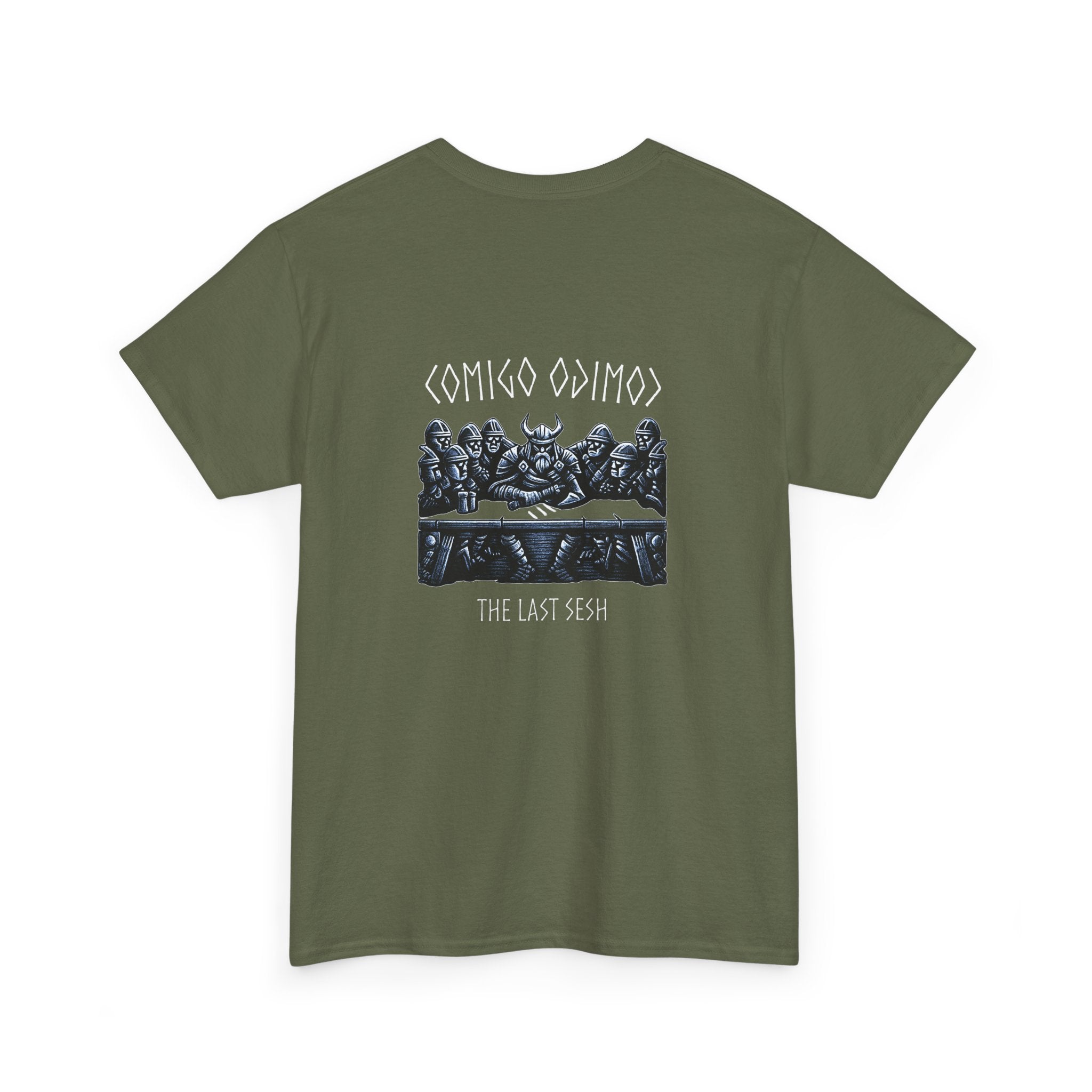 Green t-shirt with graphic design and text on a white background comigo-the-last-sesh-tee-back-military-green
