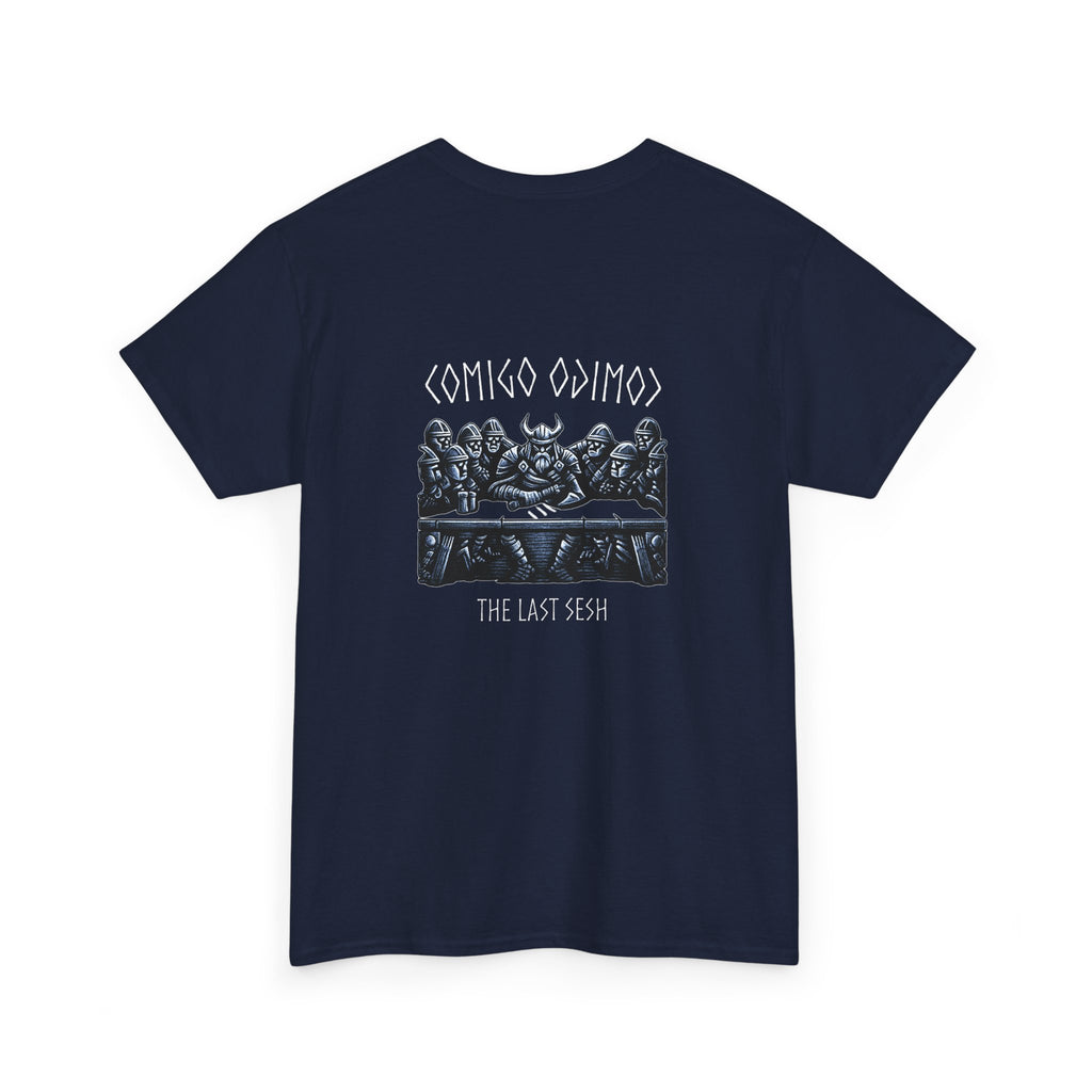 Navy blue t-shirt with graphic design and text on a white background comigo-the-last-sesh-tee-back-navy