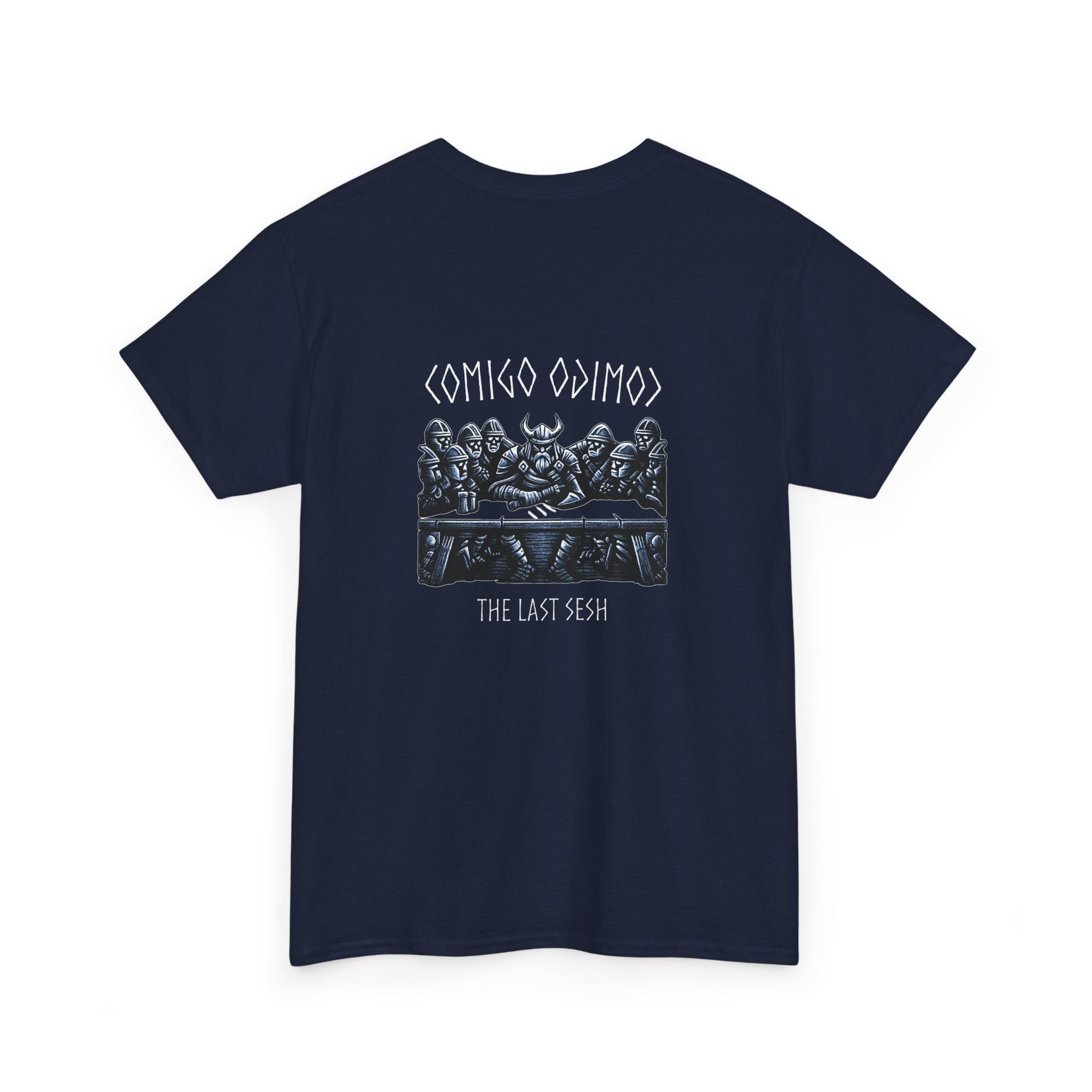 Navy blue t-shirt with graphic design and text on a white background comigo-the-last-sesh-tee-back-navy