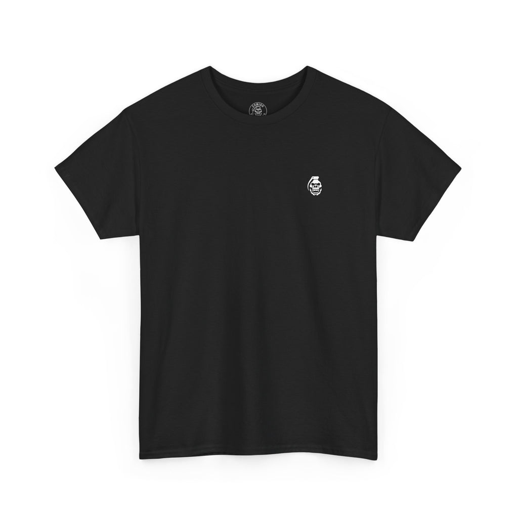 Black t-shirt with a small white logo on a white background comigo-the-last-sesh-tee-front-black