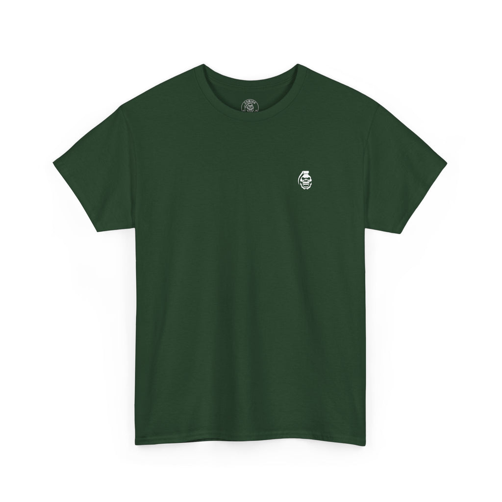 Green t-shirt with a small white logo on a white background comigo-the-last-sesh-tee-front-forrest