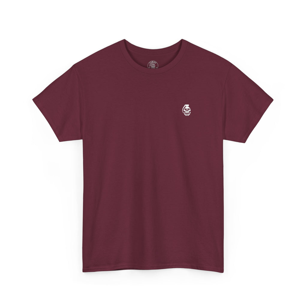 Maroon t-shirt with a small logo on a white background comigo-the-last-sesh-tee-front-maroon