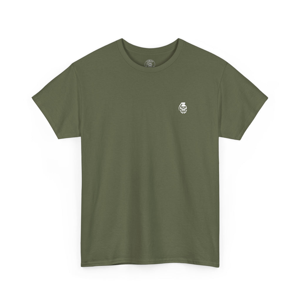 Green t-shirt with a small logo on a white background comigo-the-last-sesh-tee-front-military-green
