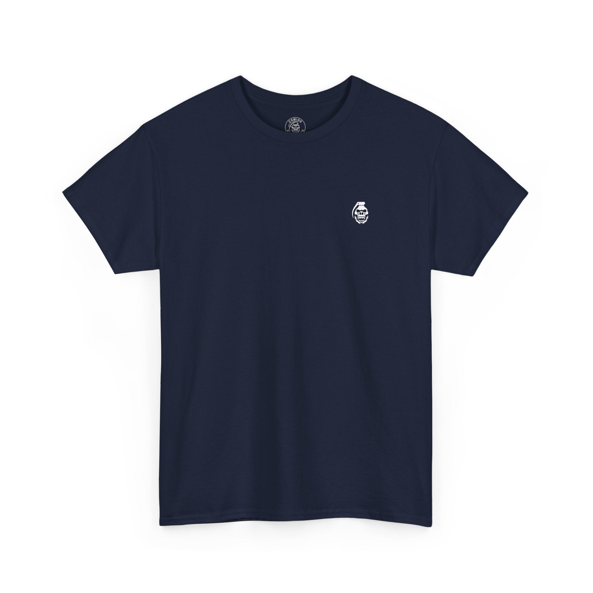 Navy blue t-shirt with a small white logo on a white background comigo-the-last-sesh-tee-front-navy