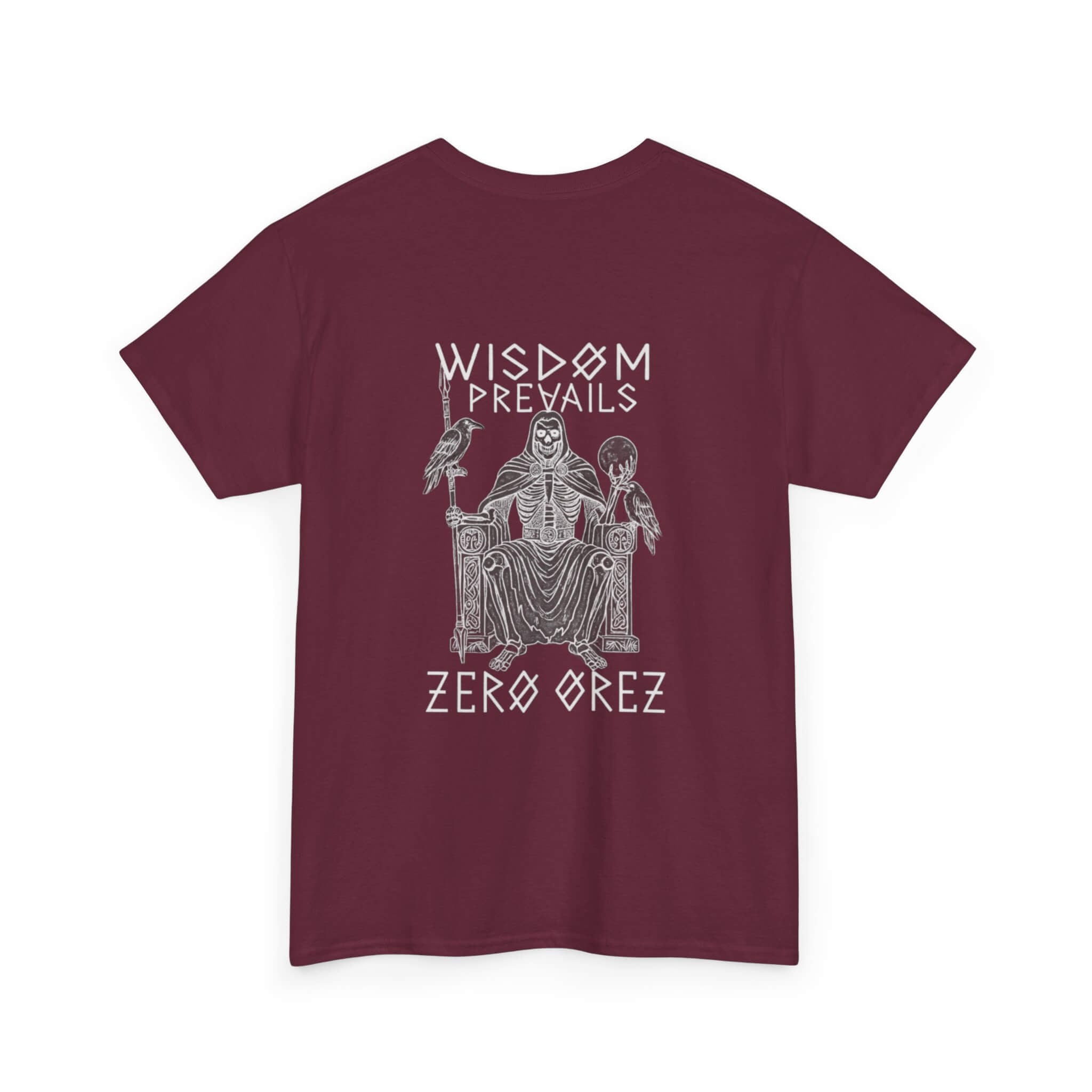 Maroon t-shirt with white graphic and text on a white background wisdom prevails | COMIGO CLOTHING CO.