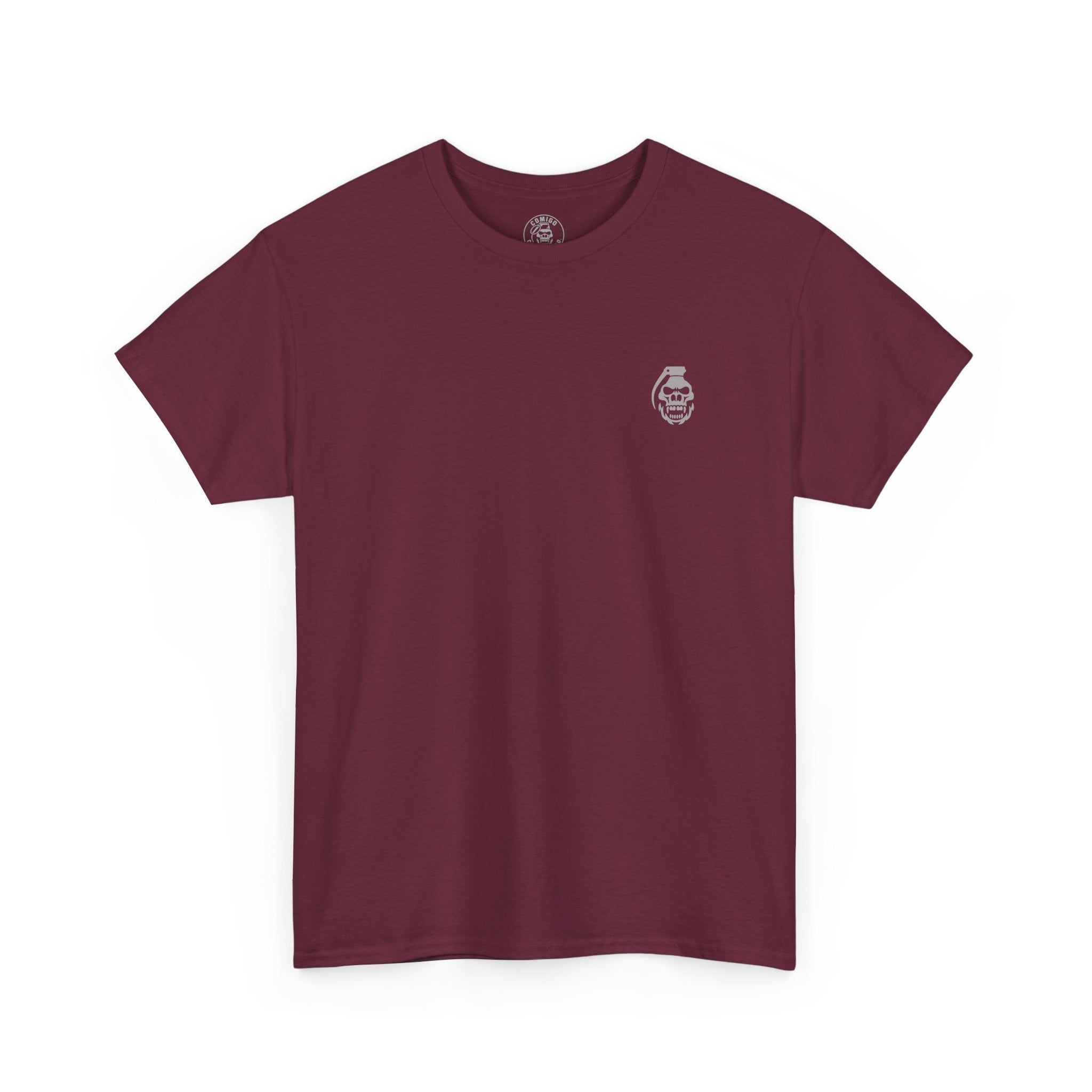 front of wisdom prevails tee in maroon with gorilla skull logo wisdom prevails | COMIGO CLOTHING CO.
