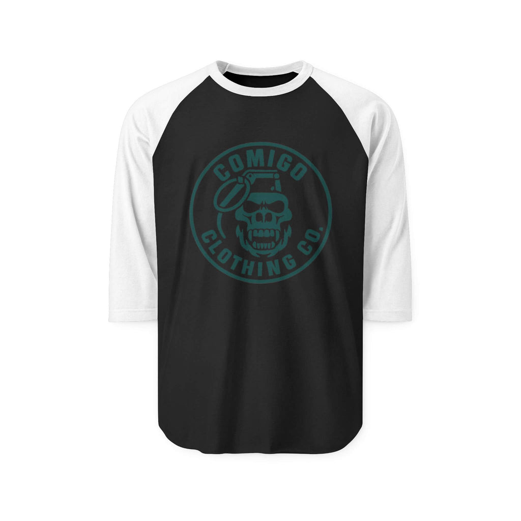 Black and White COMIGO CLOTHING CO. Comigo 3q raglan with the large original Comigo Clothing Co. logo on the front.