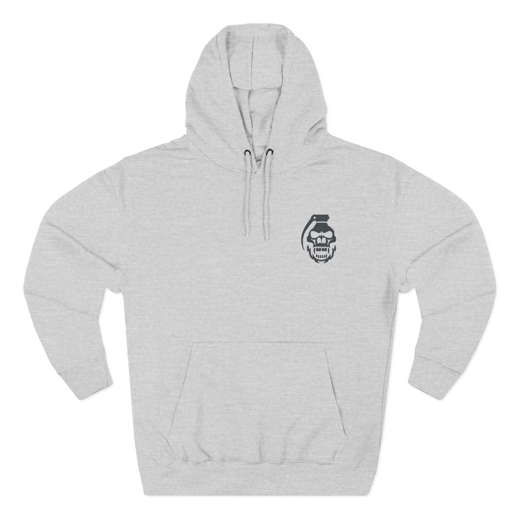 Heather Grey COMIGO CLOTHING CO. Spirit Watcher hoodie with a comigo skull grenade logo graphic on the front.