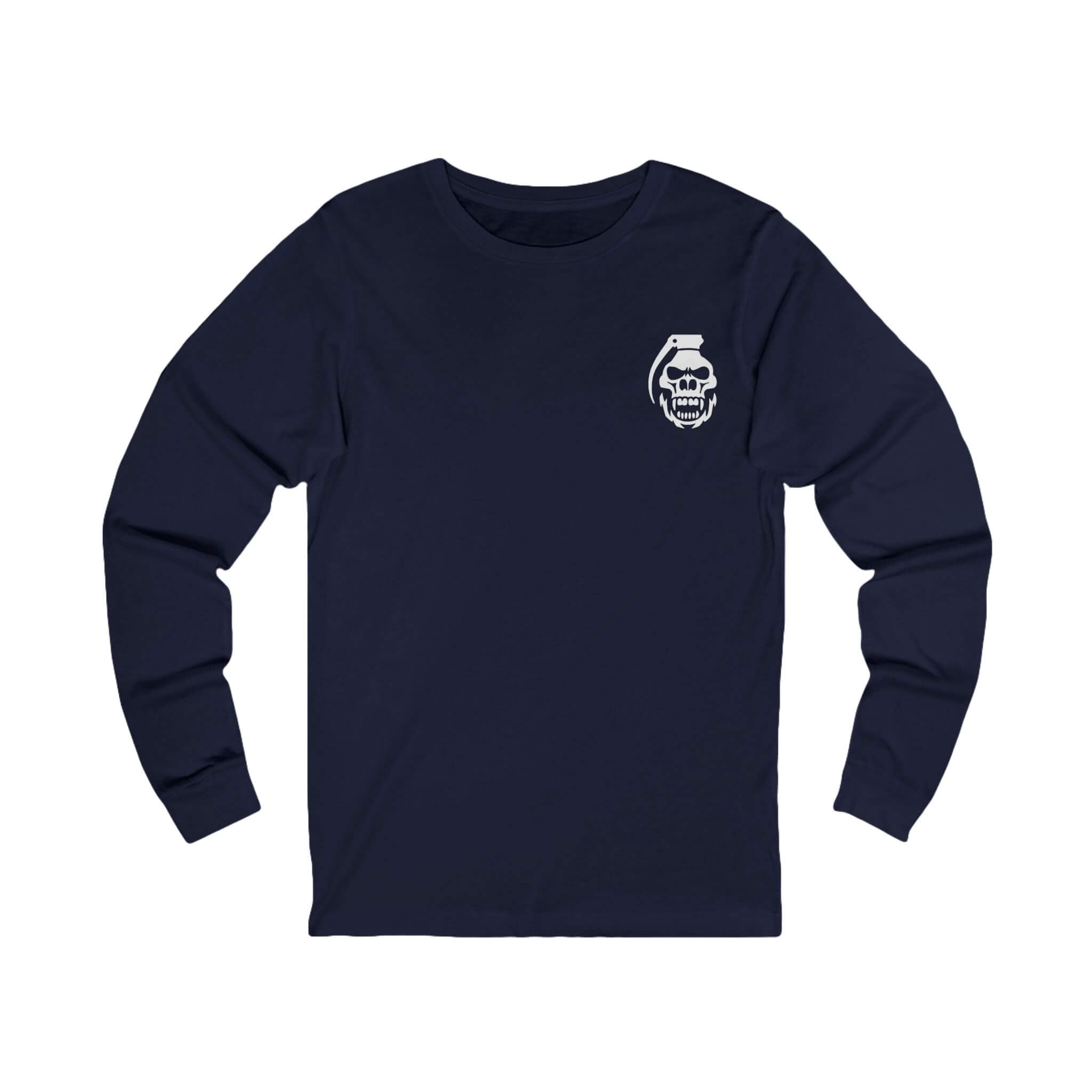 Navy COMIGO CLOTHING CO. Bone Mechanic longsleeve with a comigo skull grenade logo graphic on the front.