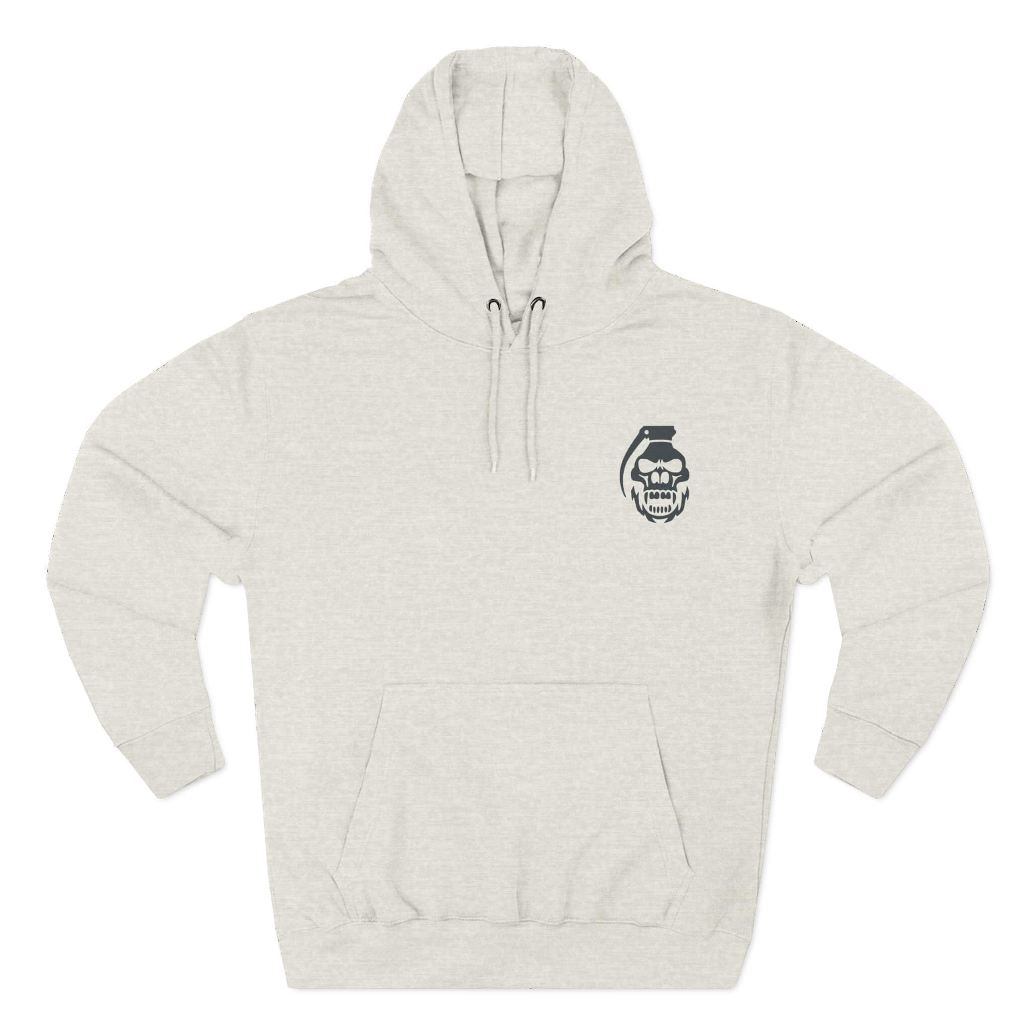 Oatmeal Heather COMIGO CLOTHING CO. Bone Mechanic hoodie with a comigo skull grenade logo graphic on the front.