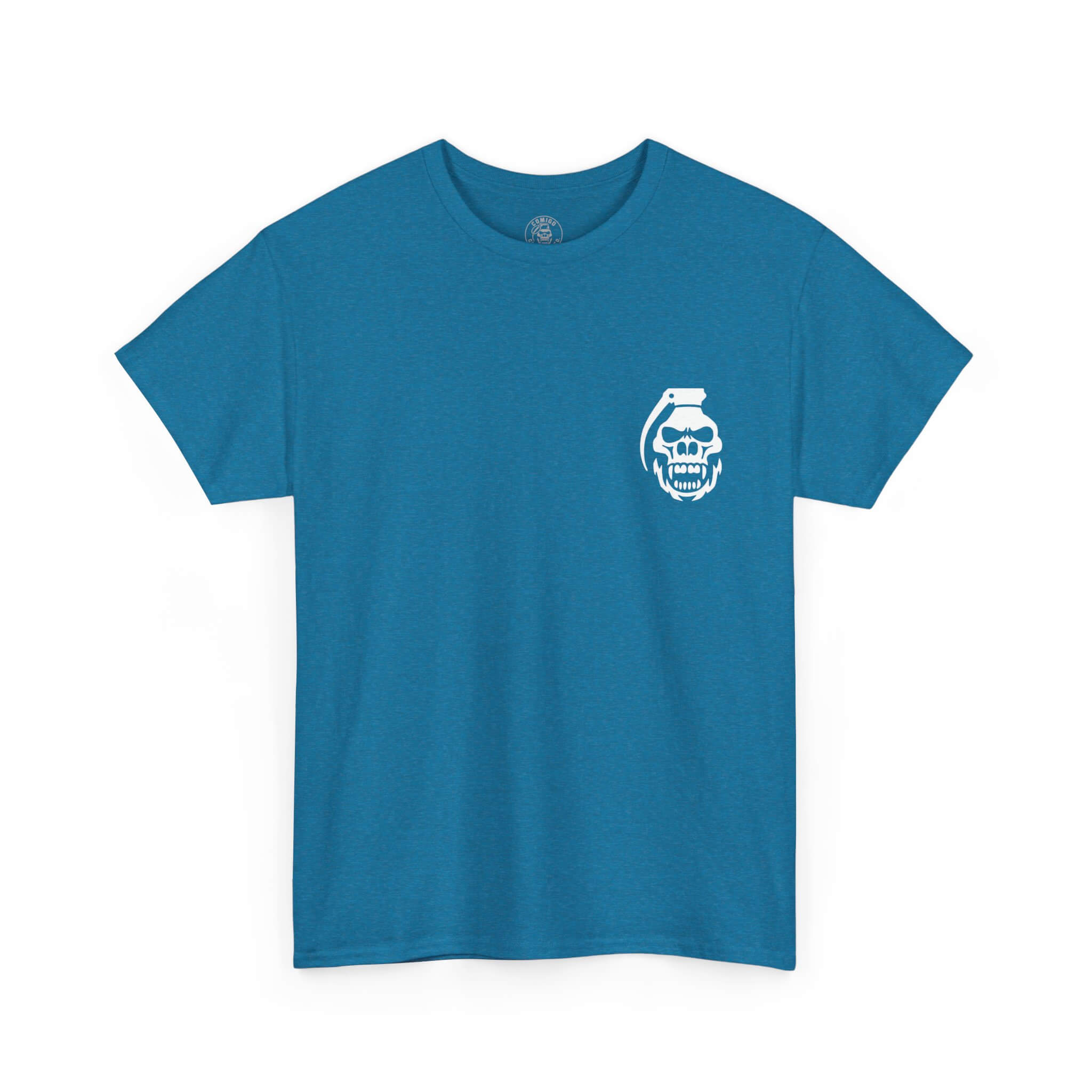 Antique Sapphire COMIGO CLOTHING CO. Krakens Ransom t-shirt with a comigo skull grenade logo graphic on the front.