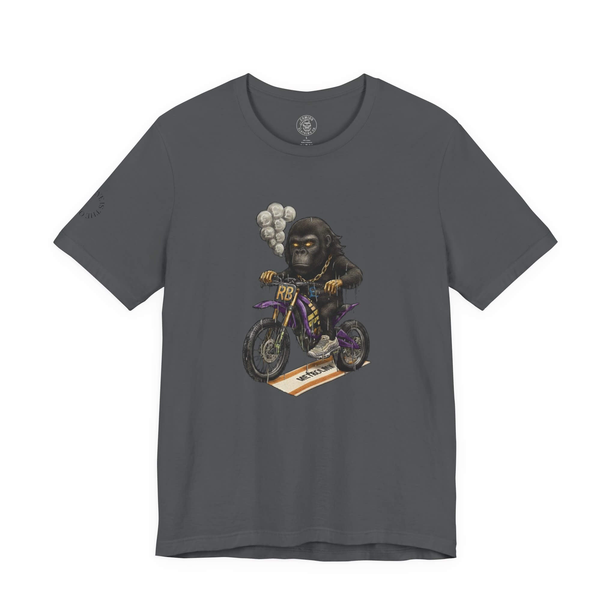 Asphalt COMIGO CLOTHING CO. Rboss soft t-shirt with the rboss graphic on the front.
