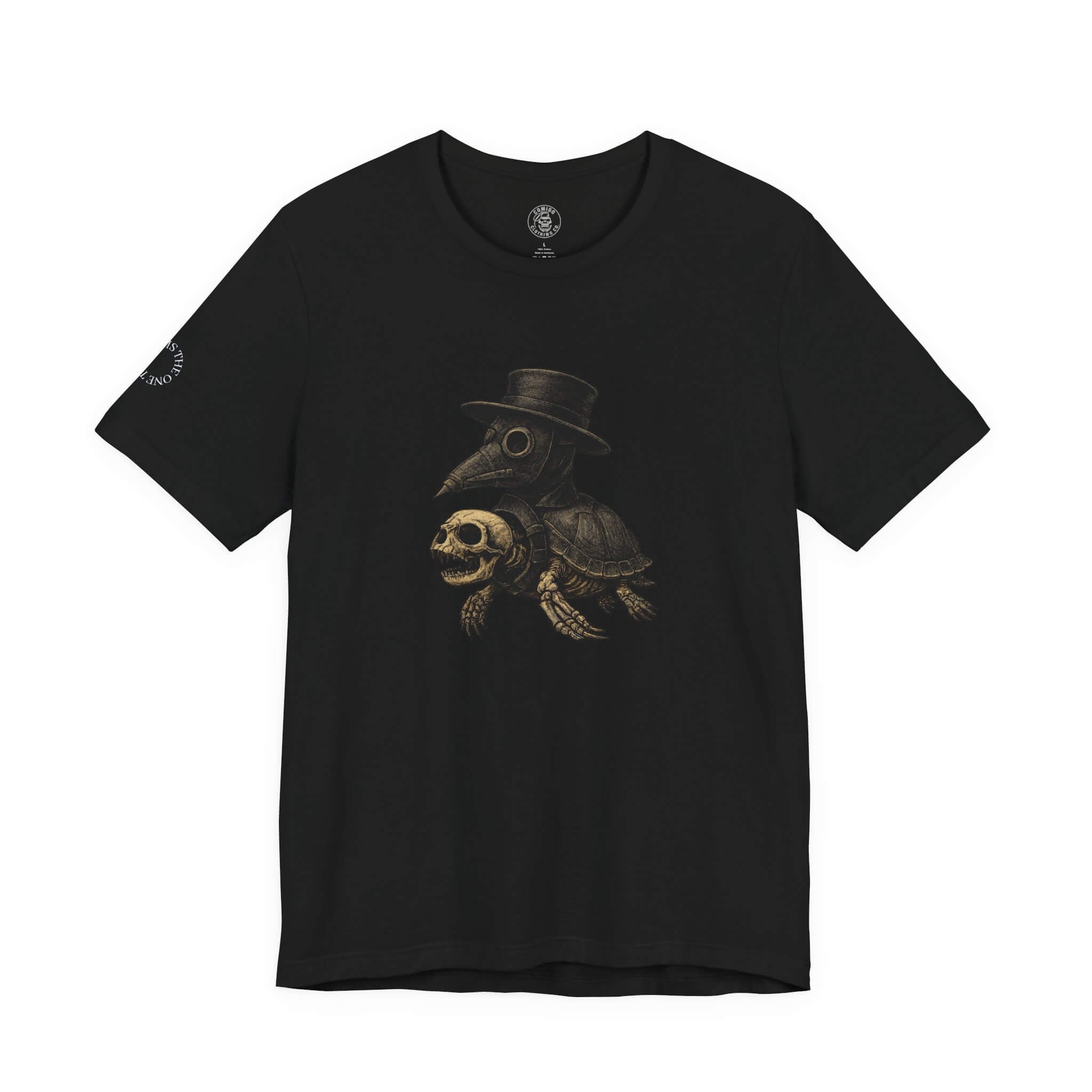 Black COMIGO CLOTHING CO. Shelleton Plague soft t-shirt with a shelleton plague graphic on the front.