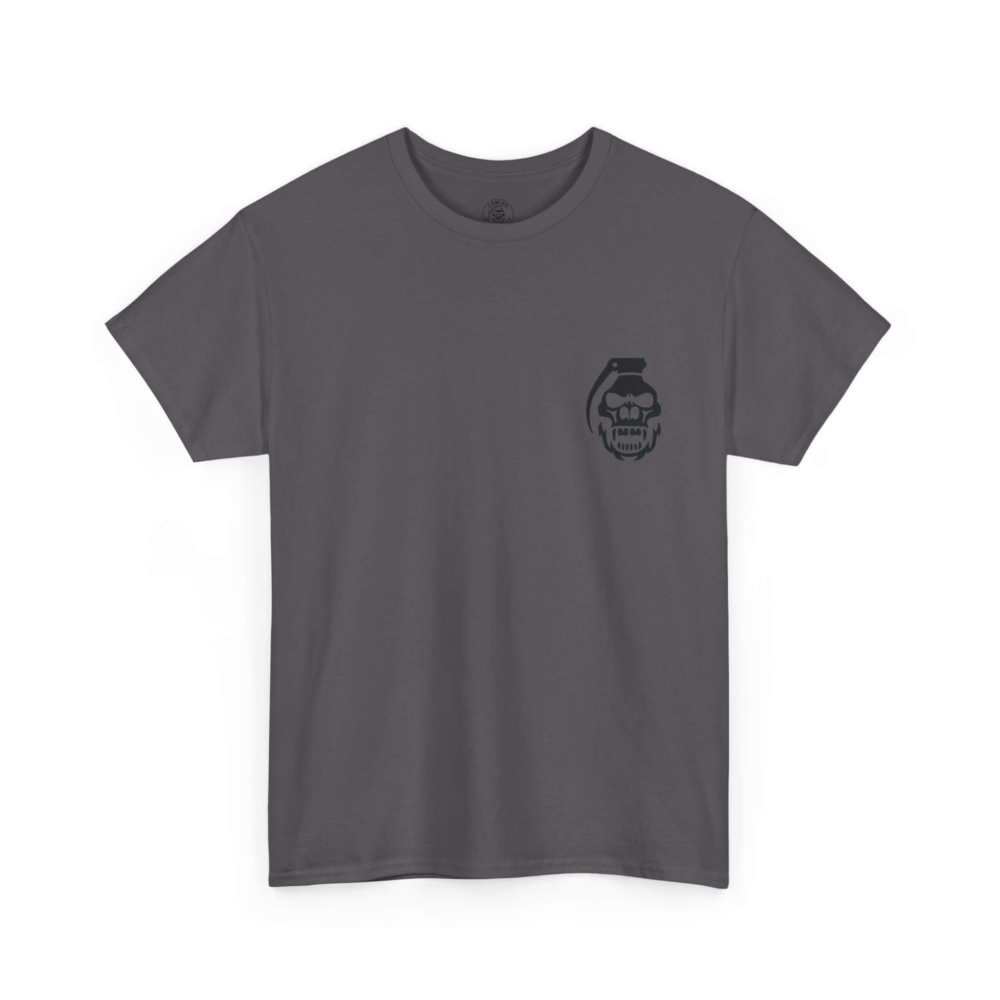 Charcoal COMIGO CLOTHING CO. Bone Mechanic t-shirt with a comigo skull grenade logo graphic on the front.